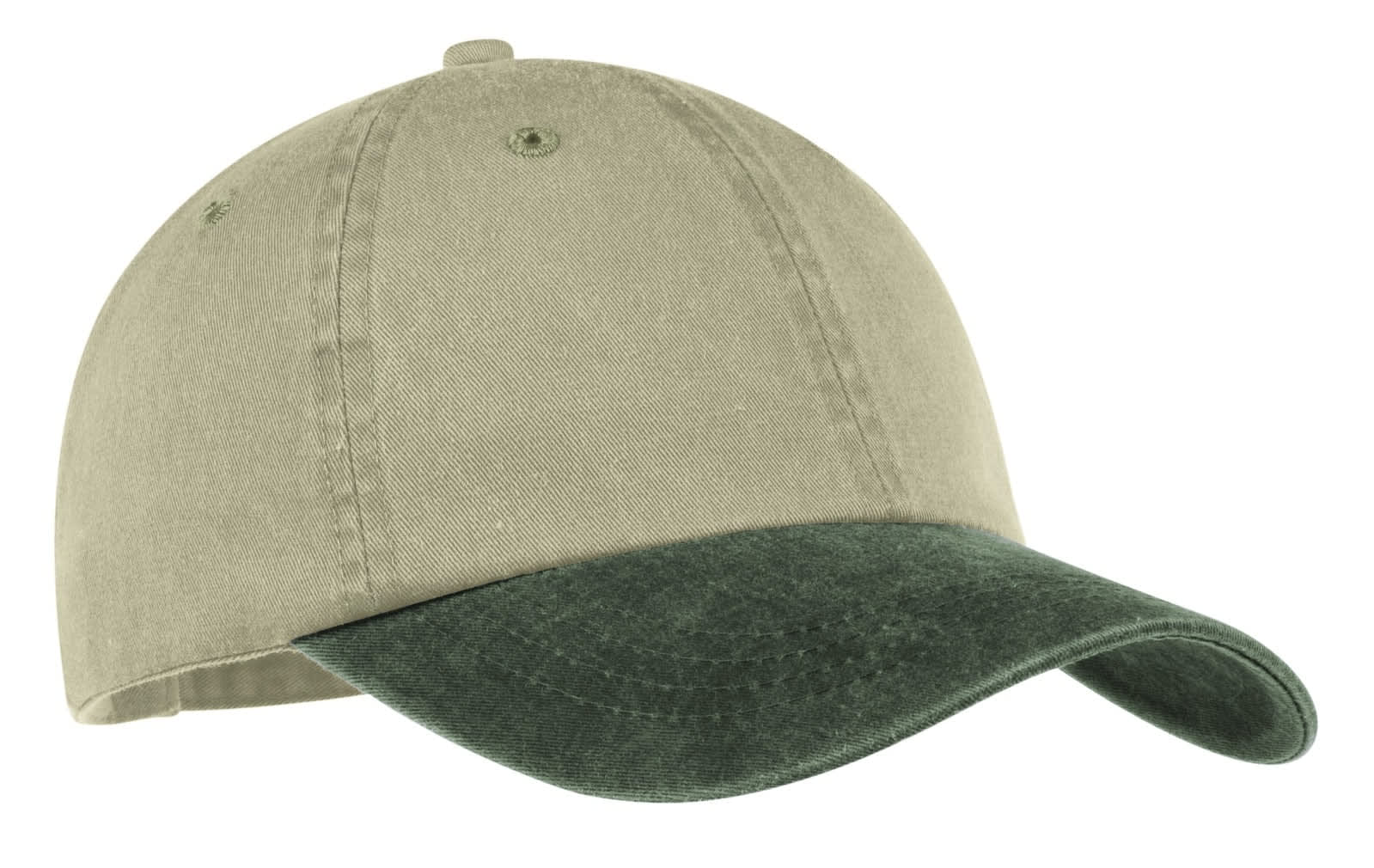 A two-tone pigment-dyed cap in khaki and dark green, featuring a curved brim and a logo on the front.