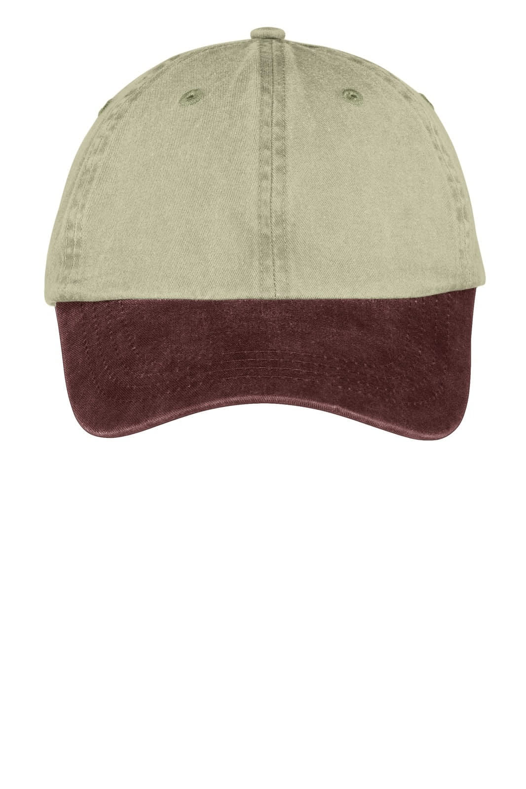 A two-tone cap featuring a light khaki top and a burgundy brim, complete with a logo.