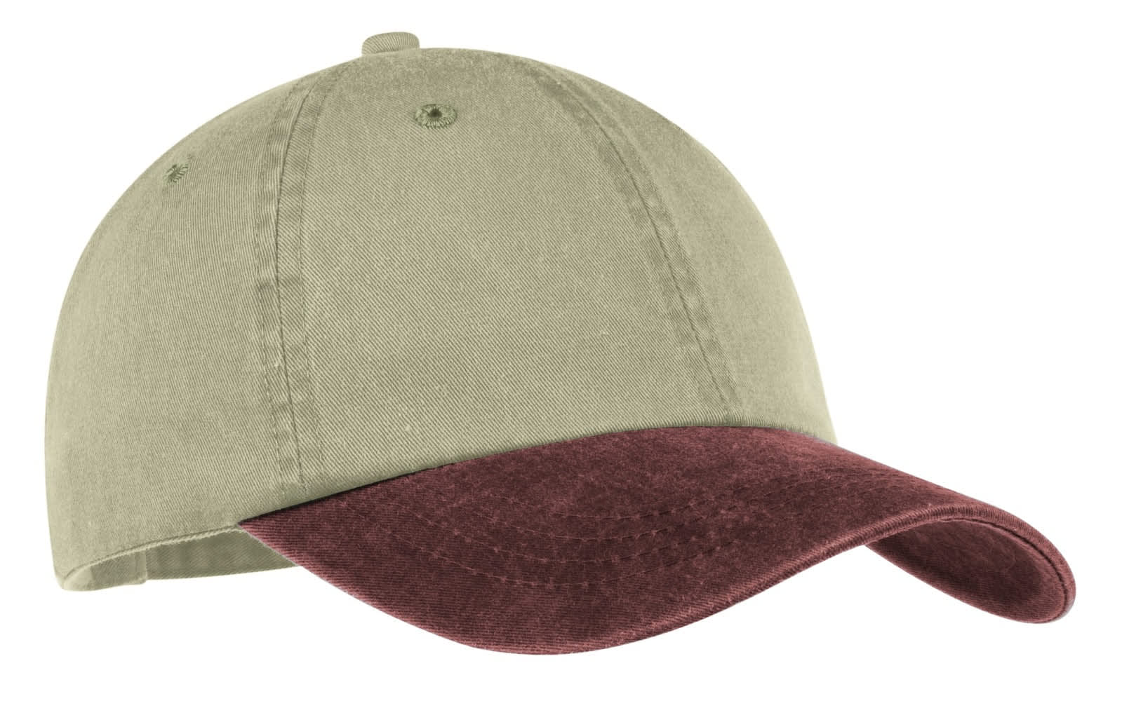 A two-tone cap featuring an olive green body and maroon peak, with ventilation holes and a logo.