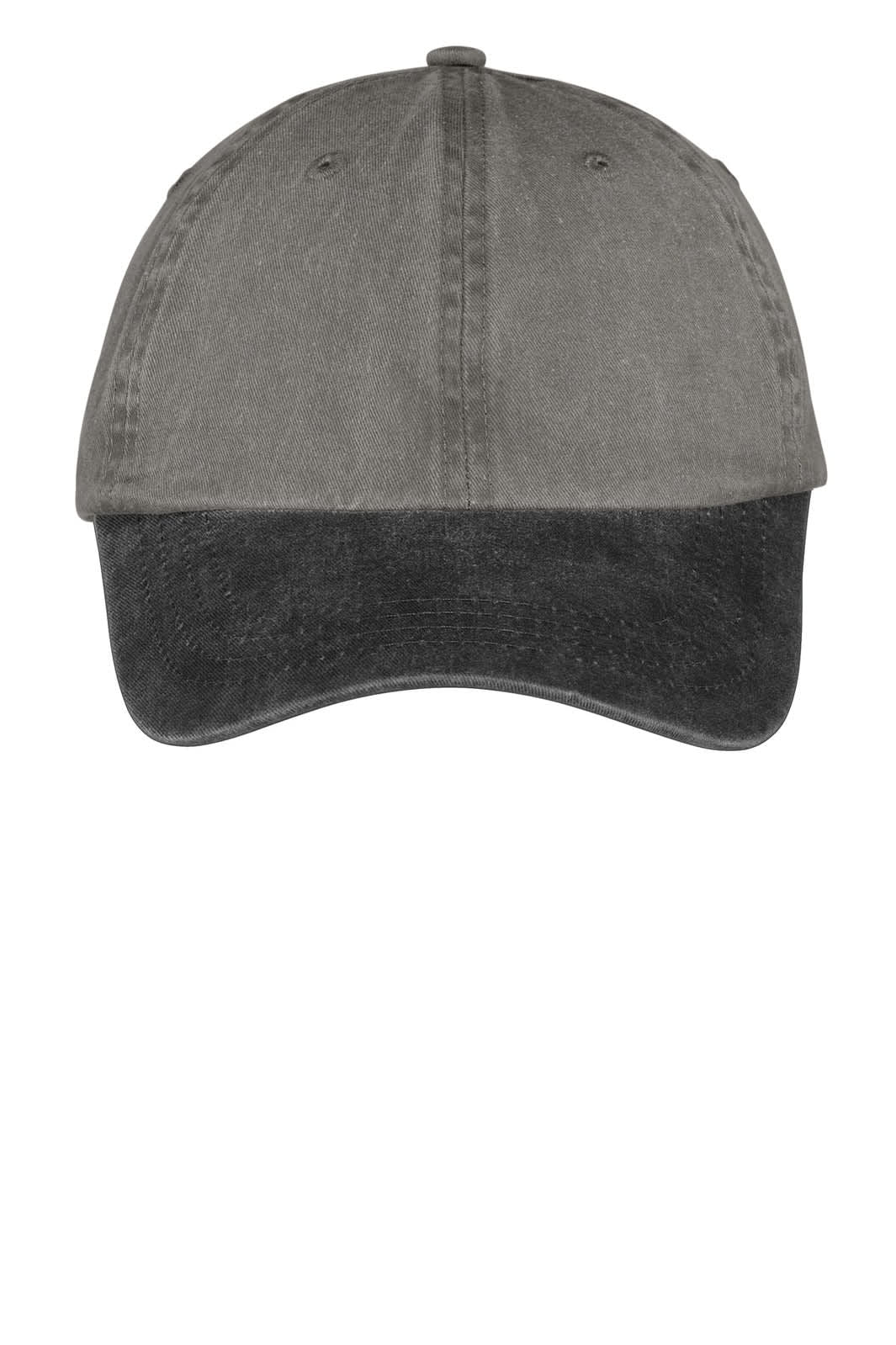 A two-tone pigment-dyed cap in grey and black, featuring a curved brim and a logo on the front.