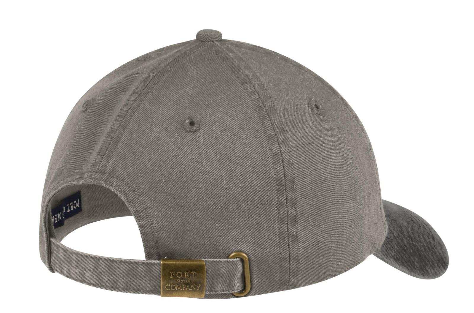 A grey two-tone cap with a buckle adjustable strap and a brand logo on the back.