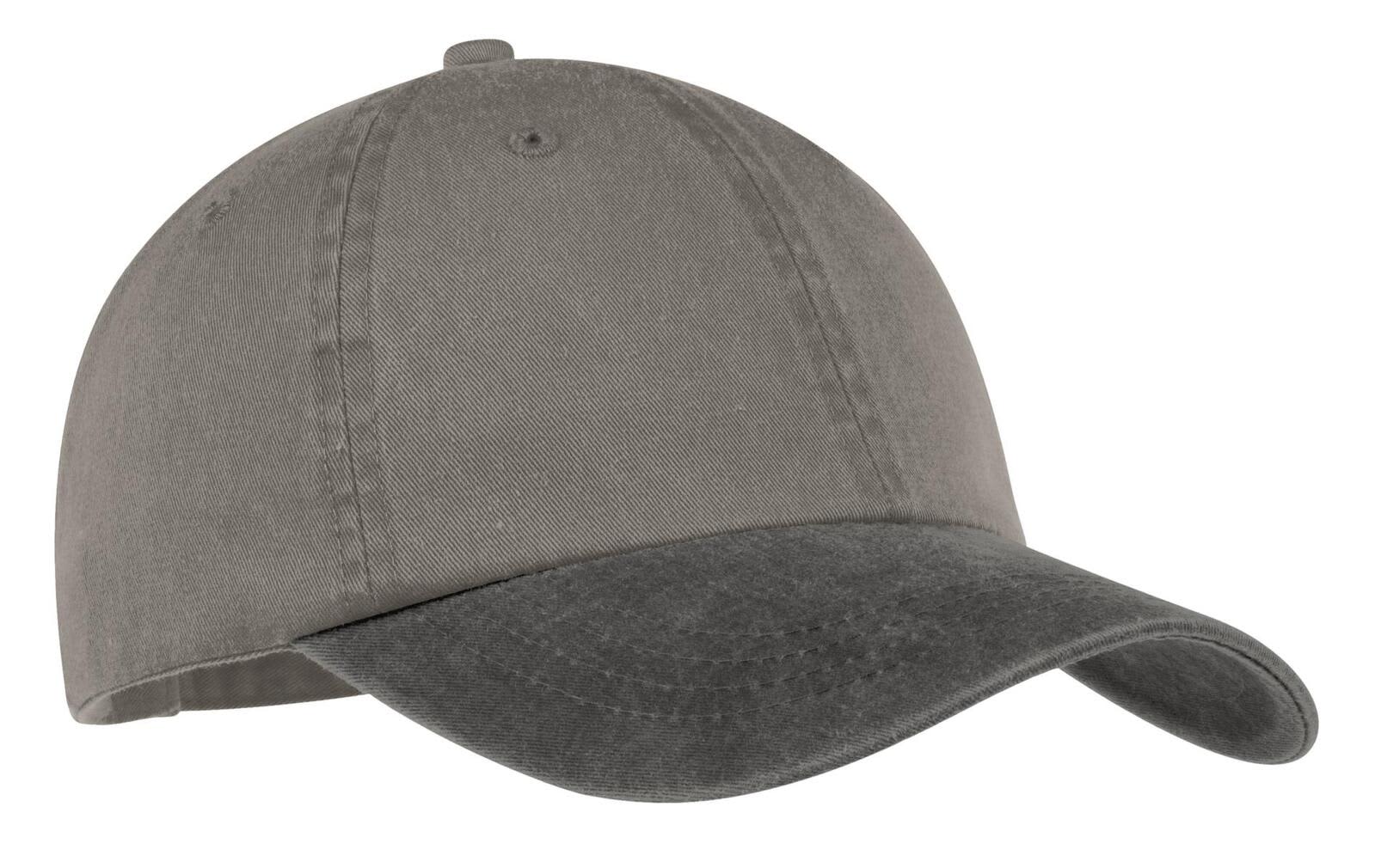 A two-tone pigment-dyed cap featuring a grey crown and black peak, with a logo on the front.