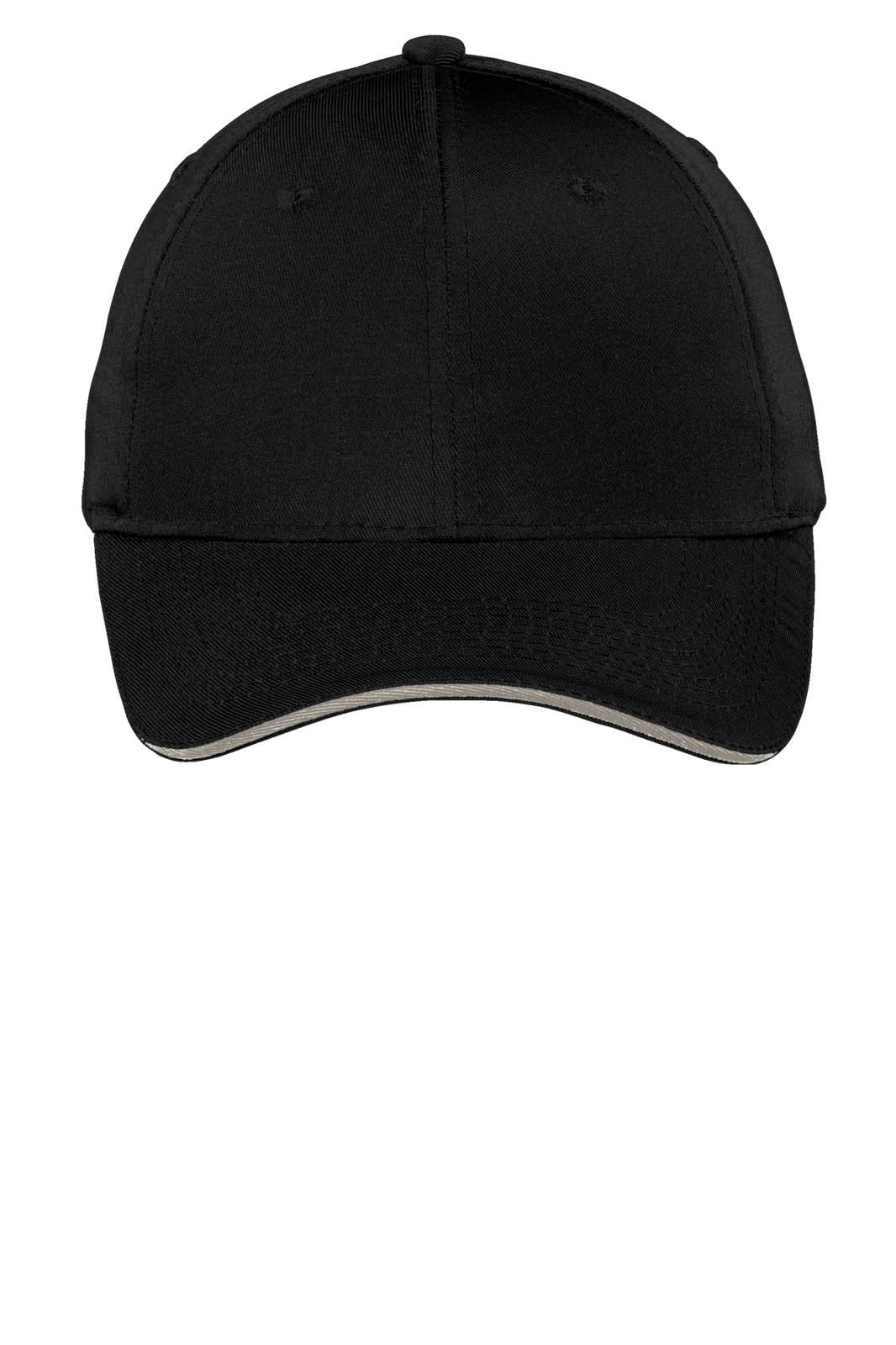 A black sandwich bill cap with a curved visor and a logo on the front. 