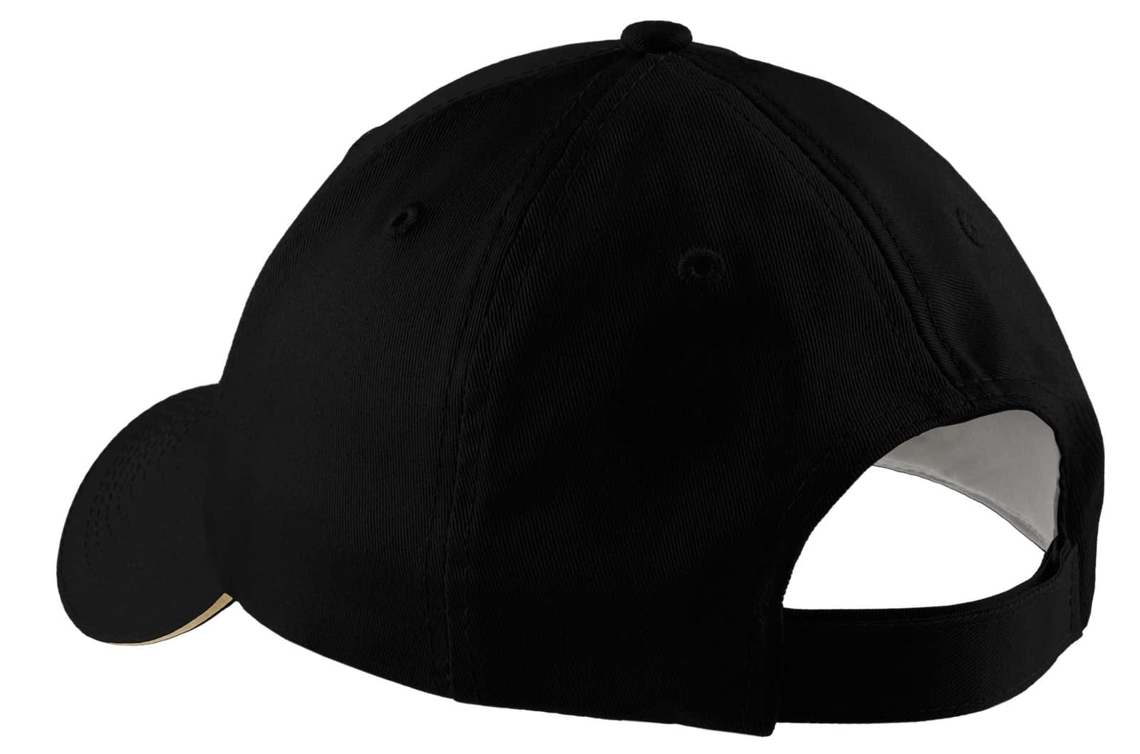 A black Sandwich Bill Cap featuring a curved visor and an adjustable strap at the back. It has a logo.