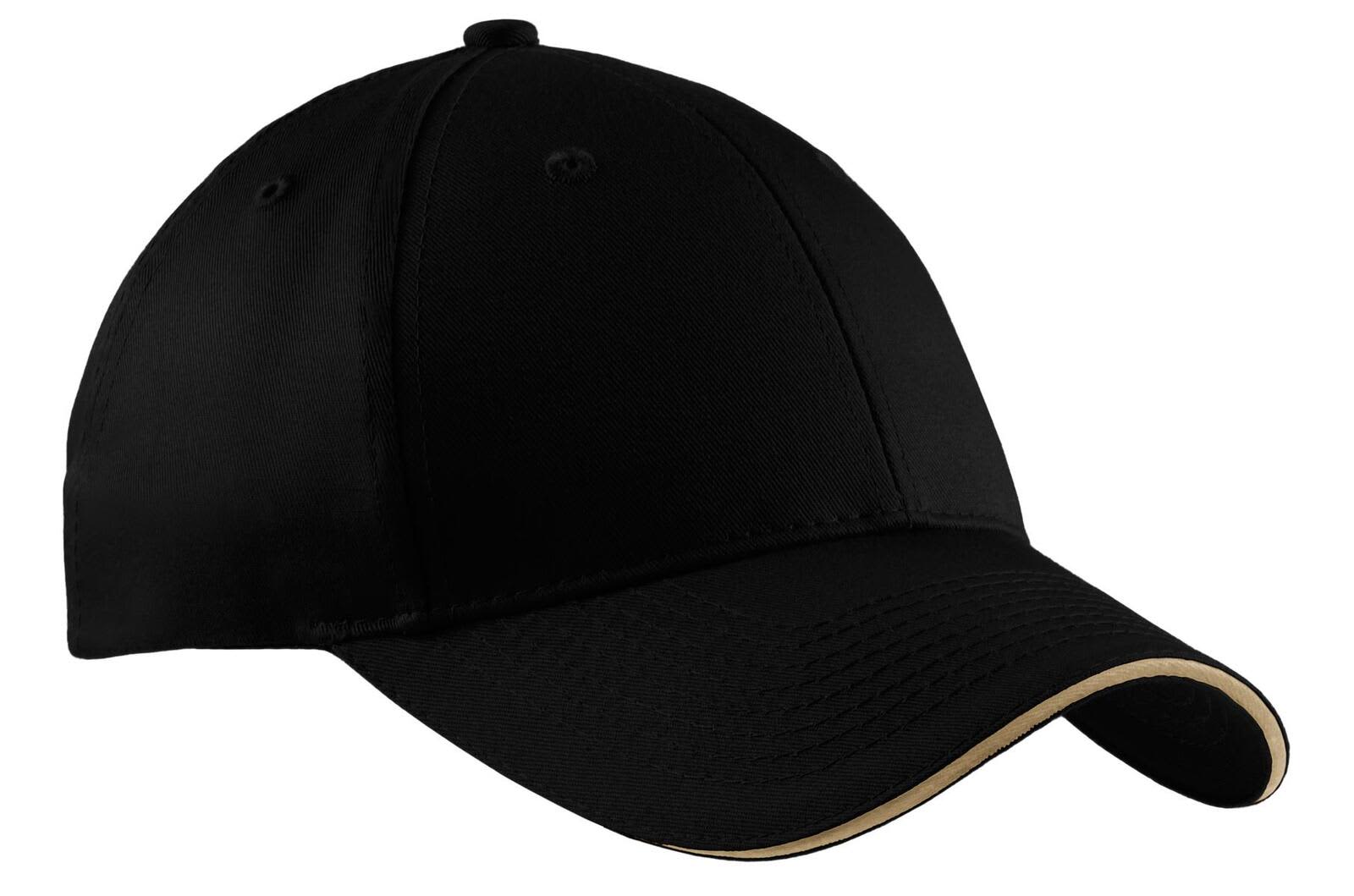 A black sandwich bill cap with a contrasting light-coloured visor and a logo on the front.