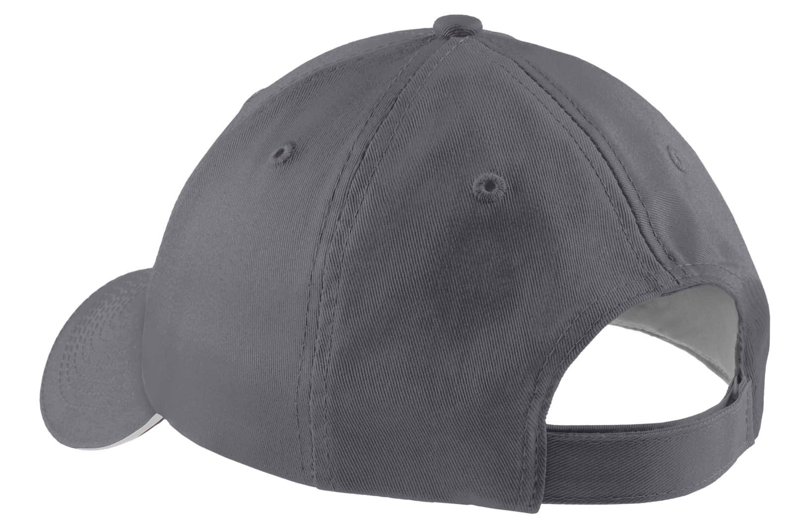 A grey Sandwich Bill Cap featuring a classic design and adjustable strap, with a logo on the side.