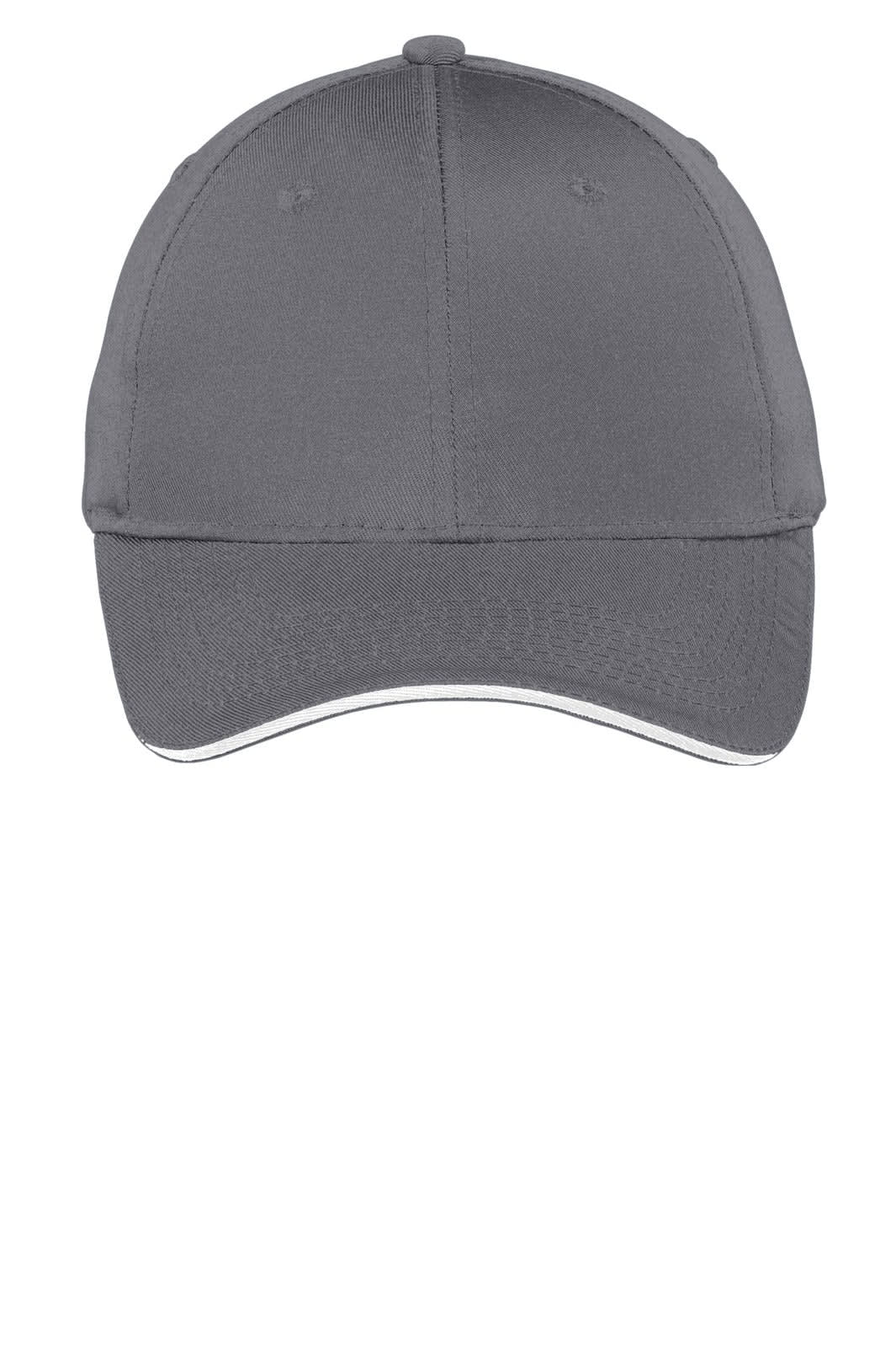 A grey cap with a sandwich bill design, featuring a structured front and a logo on the side.