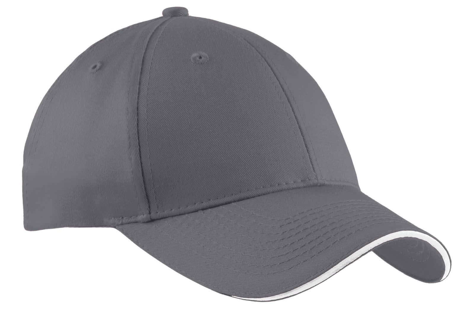 A grey cap with a sandwich bill and a contrasting trim, featuring a logo on the front.