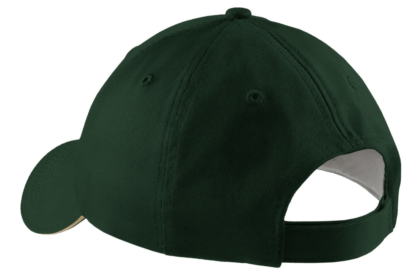 A dark green Sandwich Bill Cap featuring a structured design and an adjustable strap at the back.