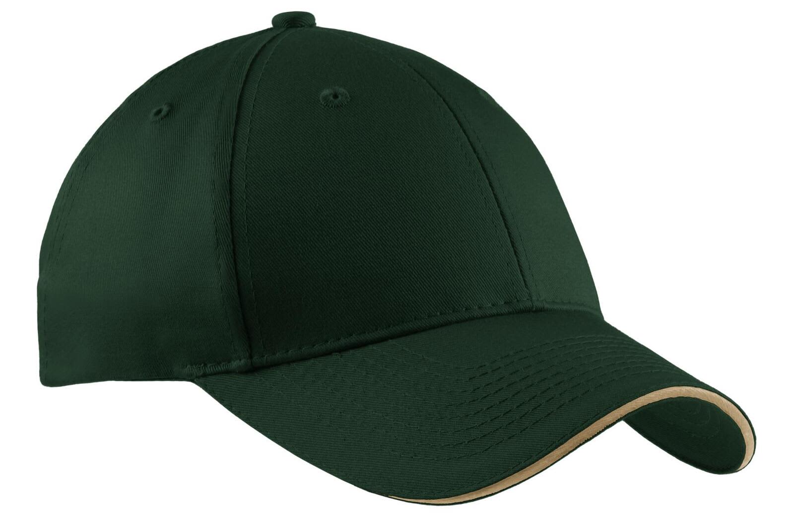 A dark green cap with a contrasting beige sandwich bill and a logo on the front.