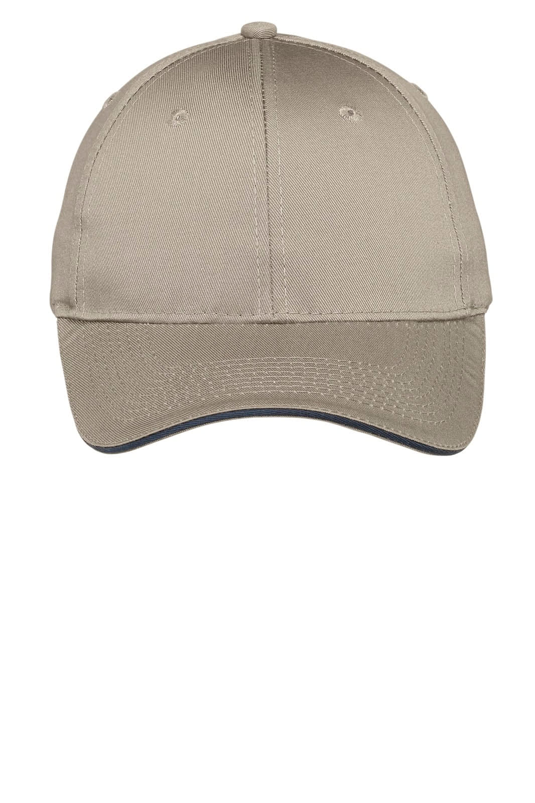 A beige sandwich bill cap with a curved brim and a logo on the front. Features eyelets for ventilation.