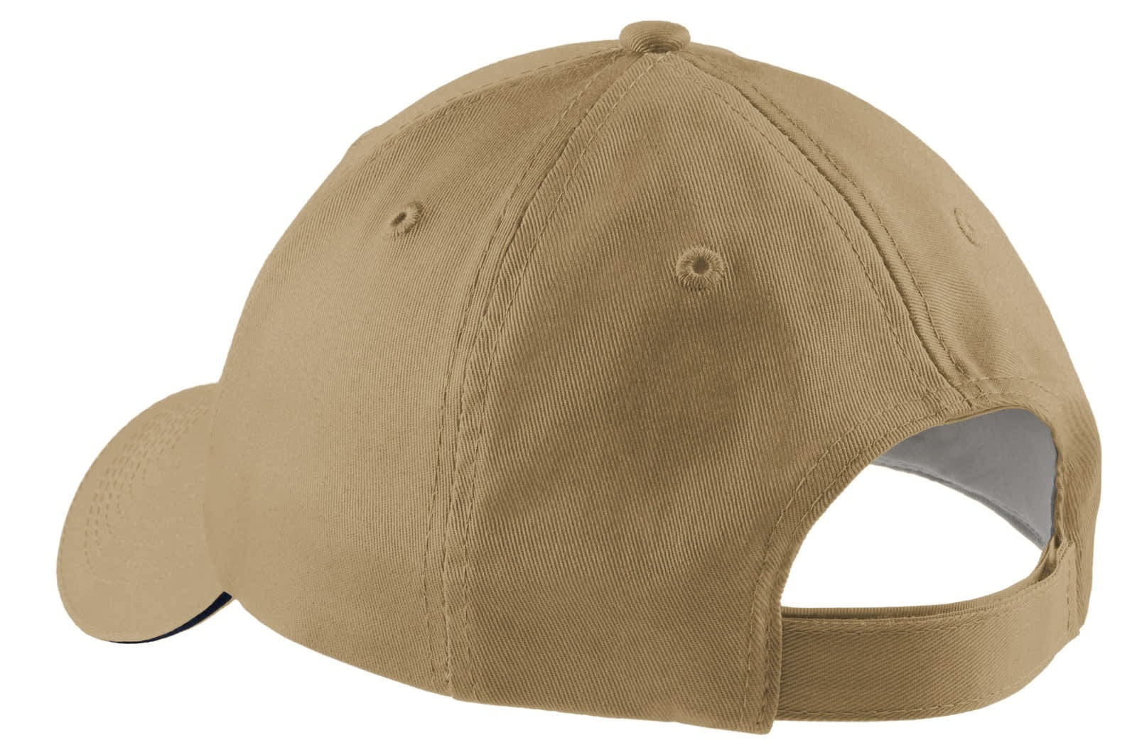 A tan baseball cap featuring a sandwich bill and an adjustable strap at the back. It includes a logo.