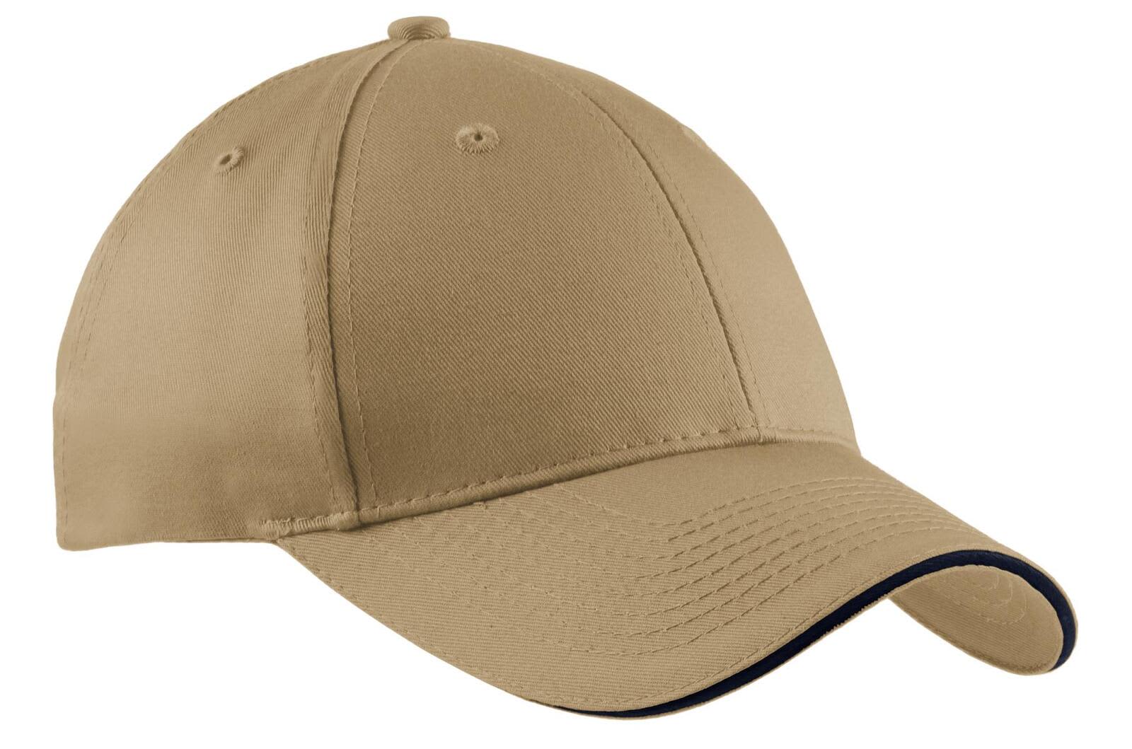 A beige cap with a sandwich bill and contrasting trim. Features a logo on the front.
