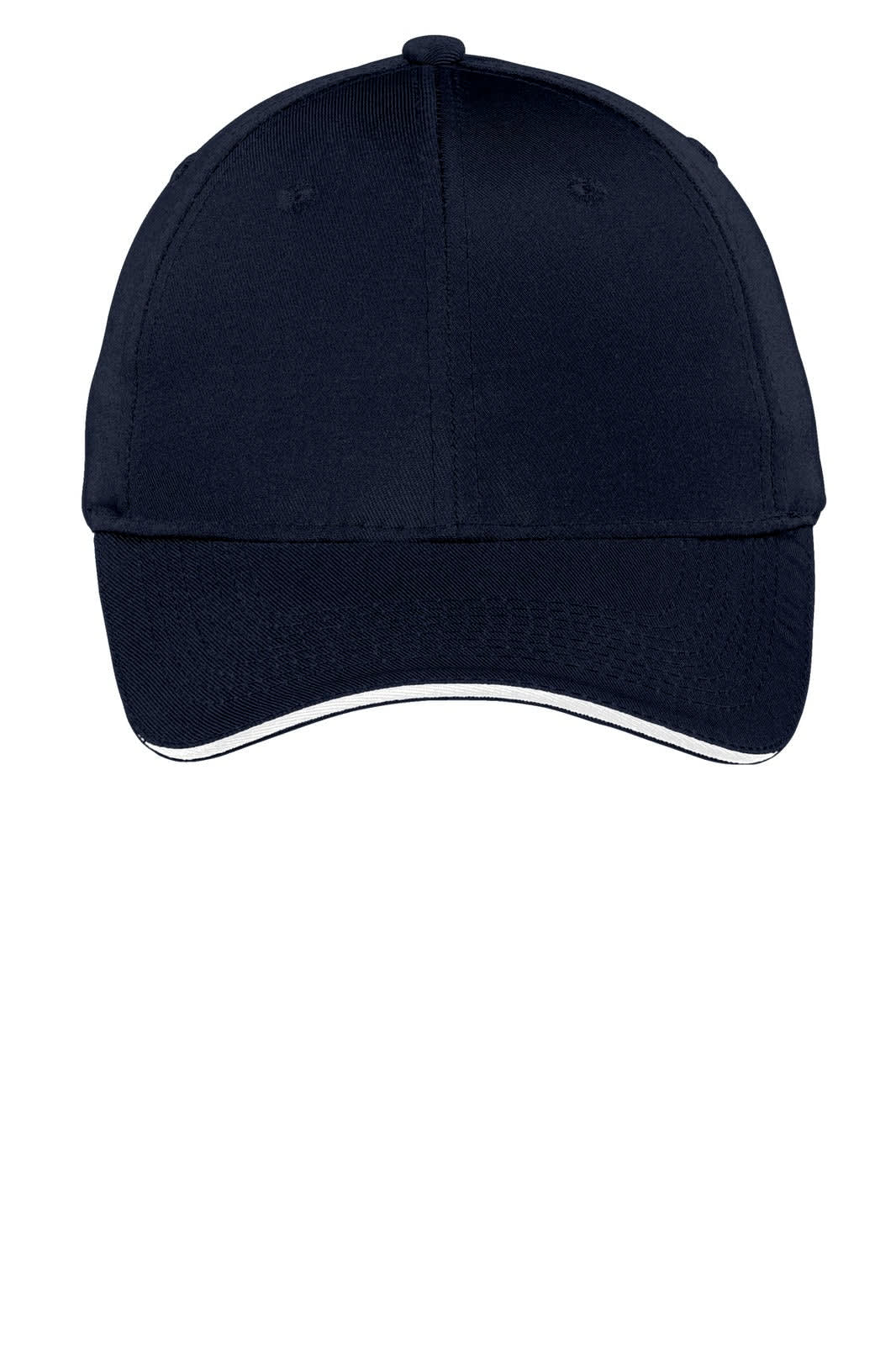 A navy sandwich bill cap featuring a contrasting trim and a logo on the front.