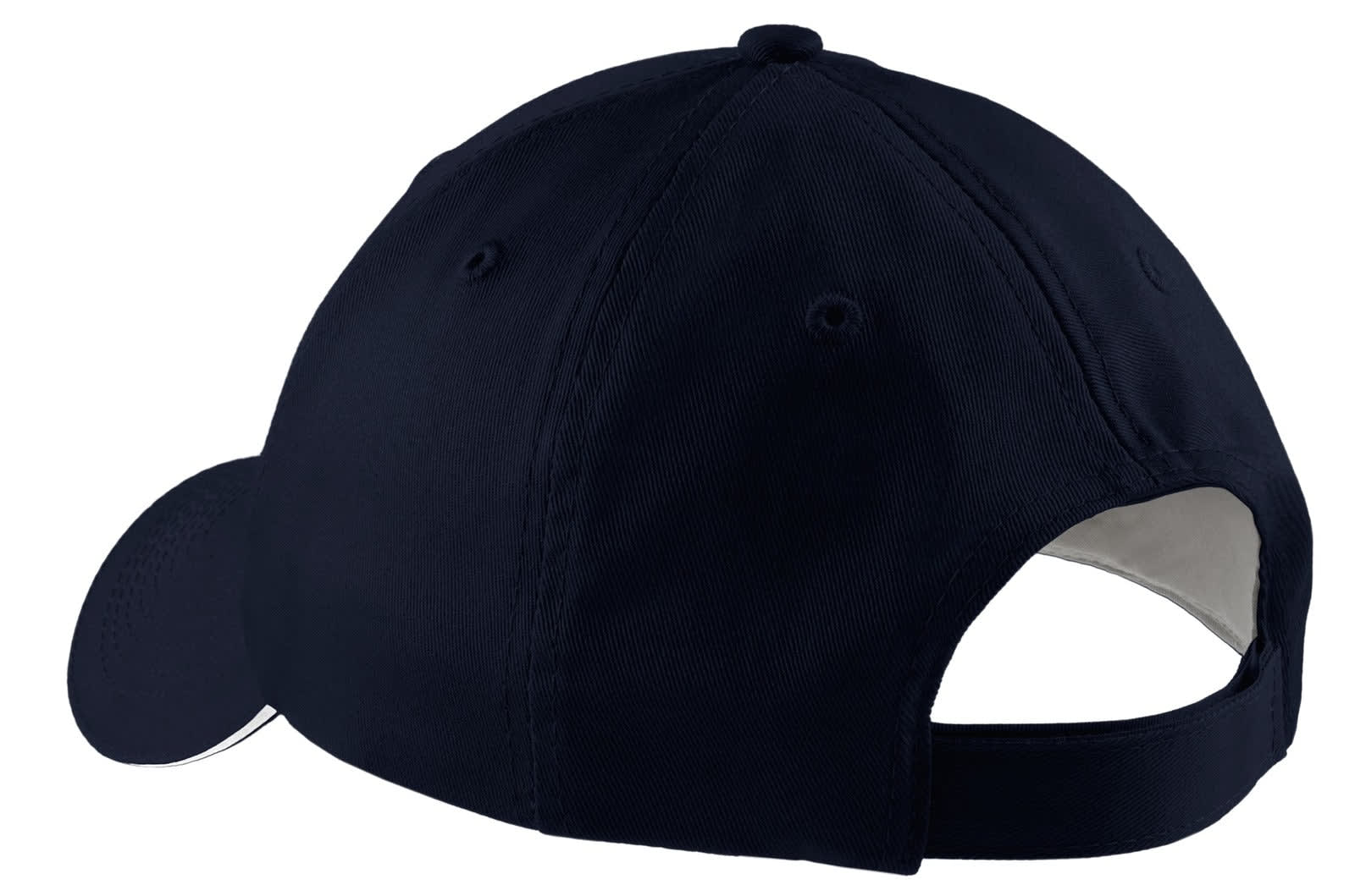 A navy cap with a sandwich bill and adjustable strap, featuring a logo on the back.