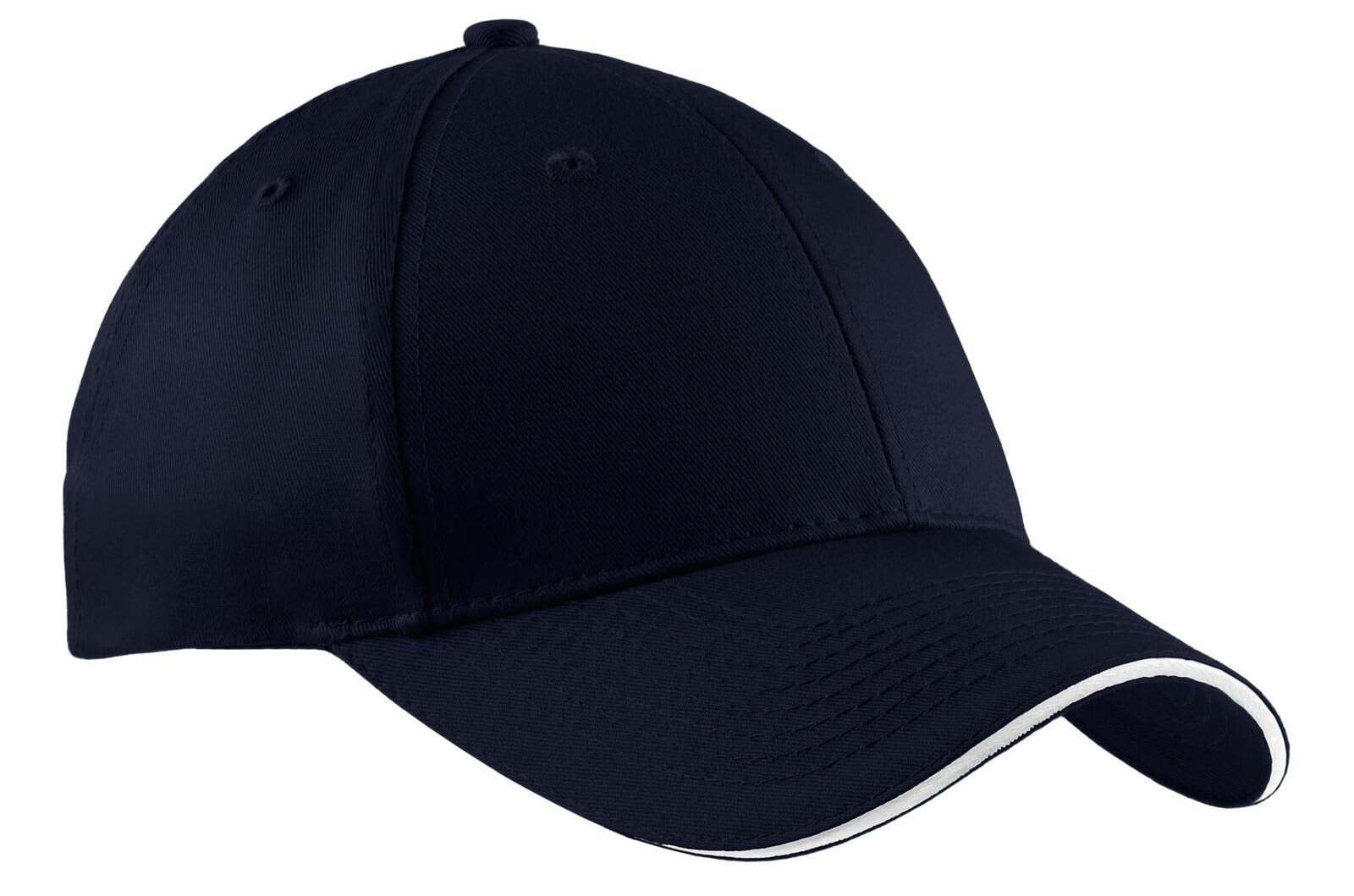 A navy blue cap with a sandwich bill and a contrasting white trim. It features a logo on the front.