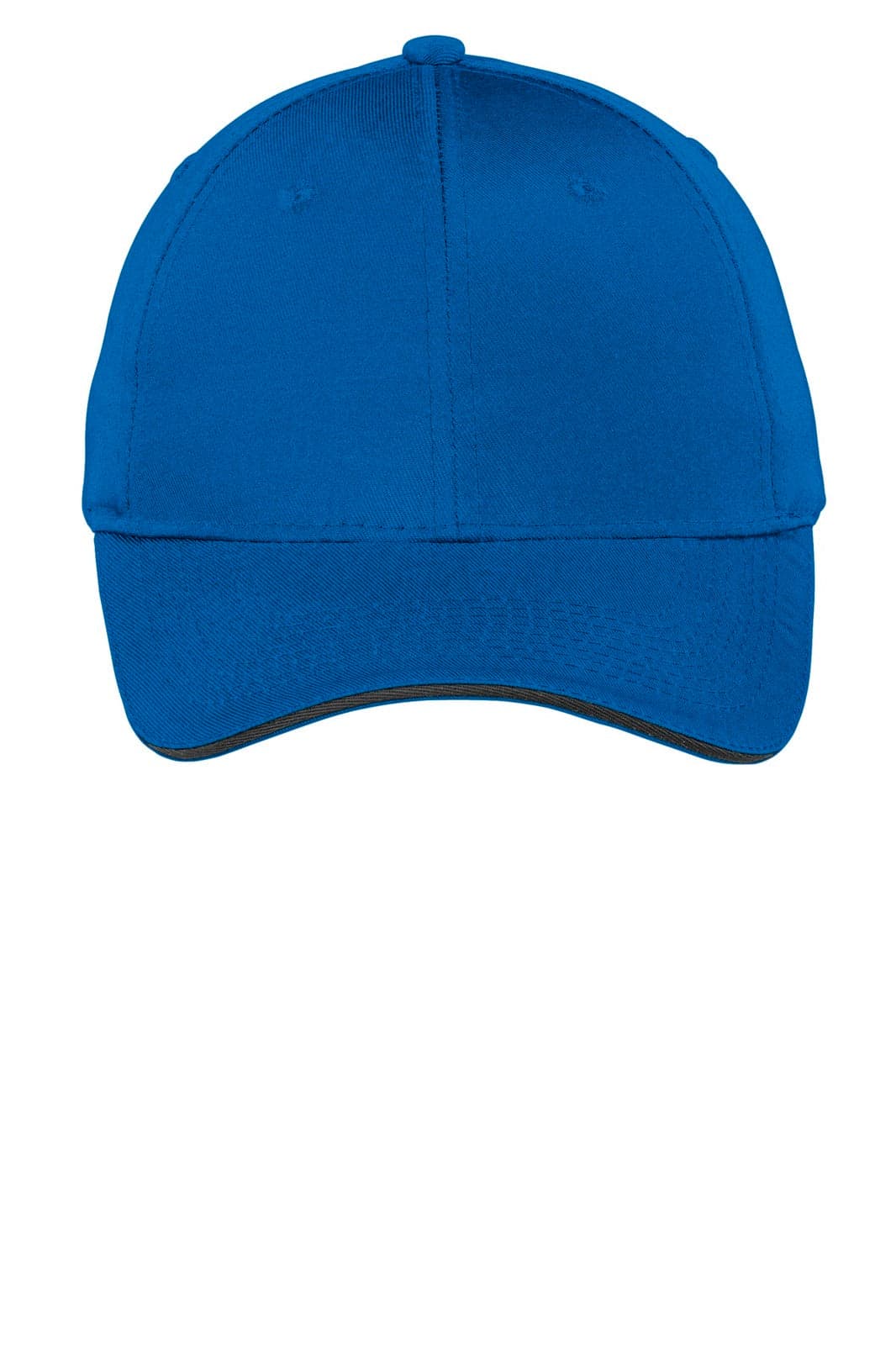 A blue sandwich bill cap with a structured design and a logo on the front.