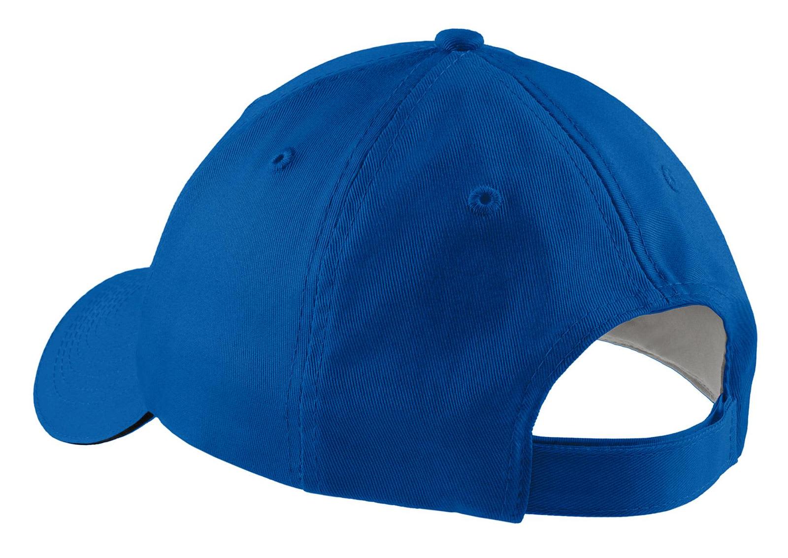 A blue cap with a sandwich bill and an adjustable strap at the back, featuring a logo on the front.