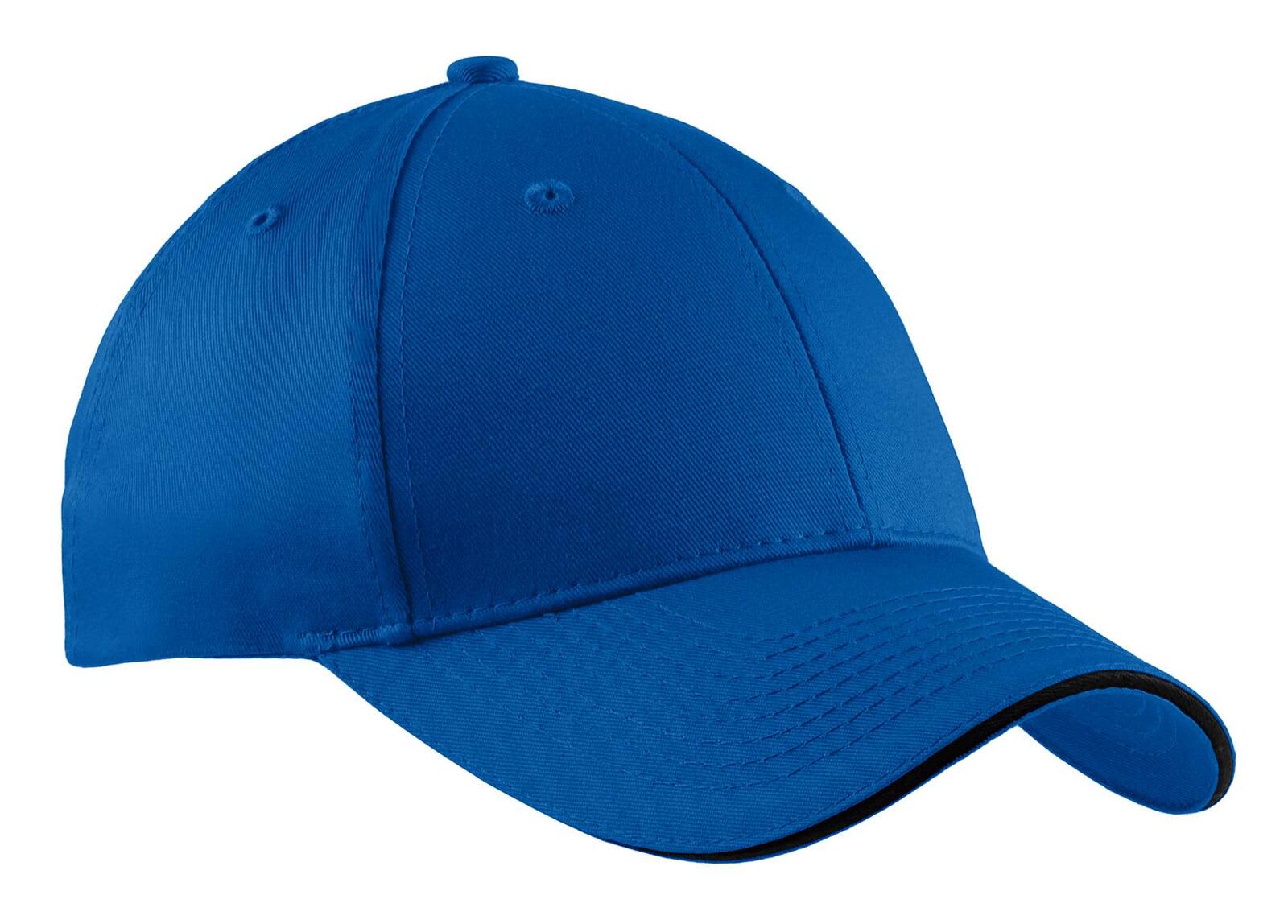 A blue sandwich bill cap with a contrasting trim, featuring a logo on the front.