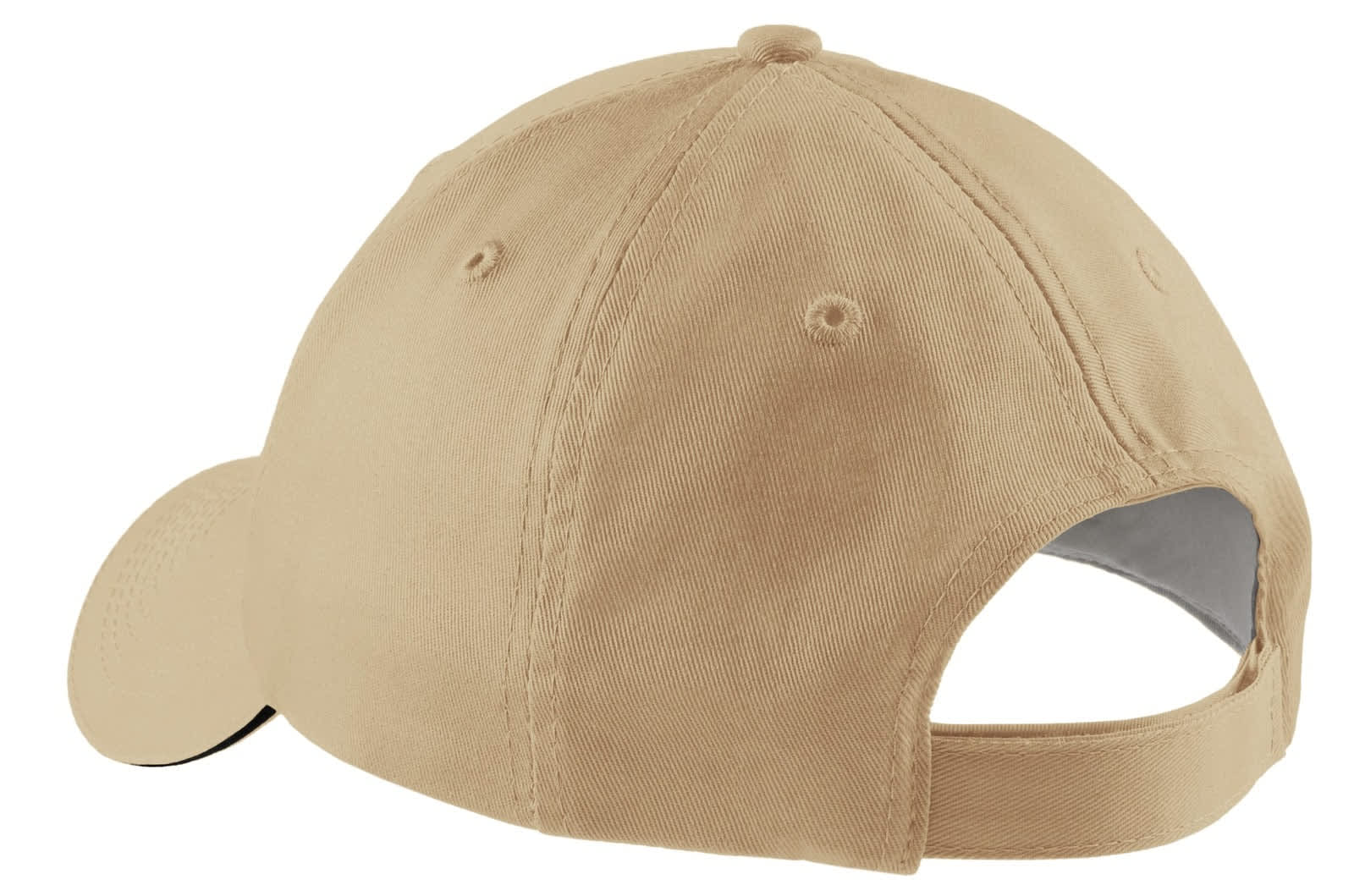 A beige sandwich bill cap featuring an adjustable strap at the back and a logo on the side.