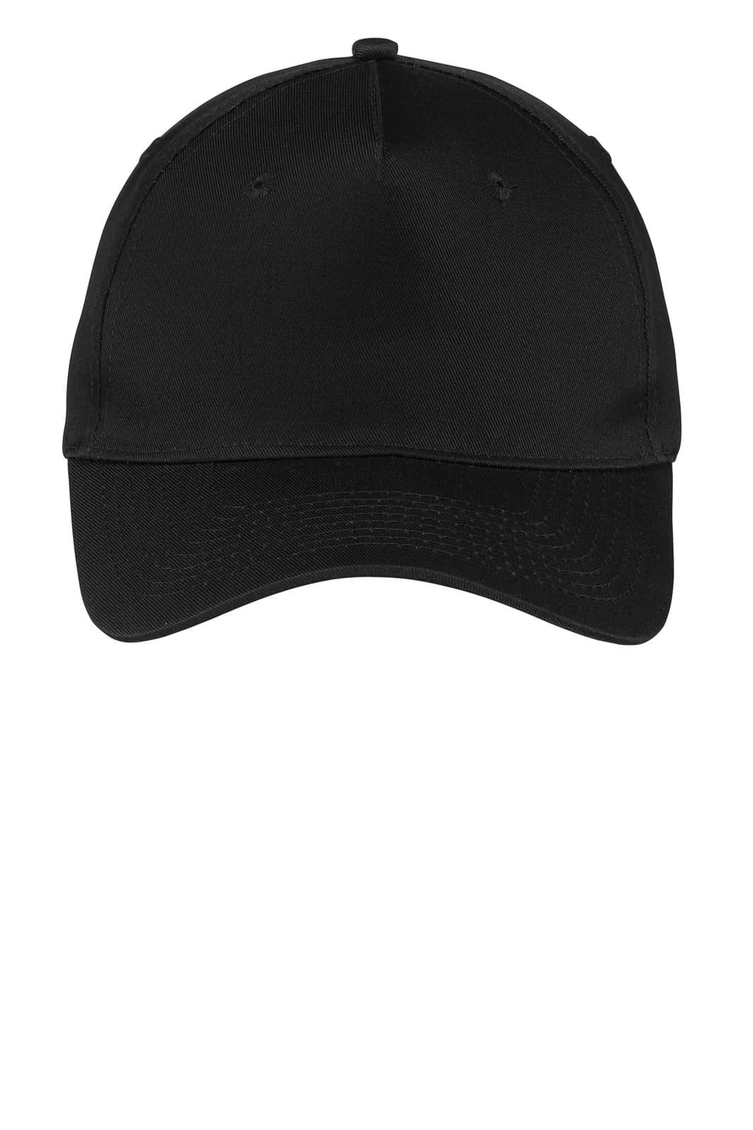 A black five-panel twill cap with a curved brim and a logo on the front.