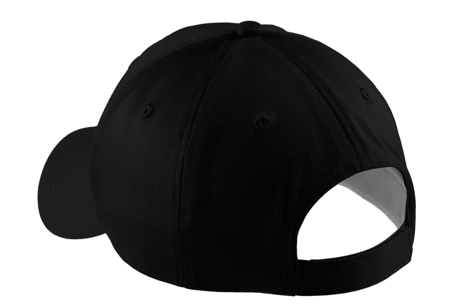 A black five-panel twill cap featuring a curved visor and an adjustable strap at the back, with a brand logo.