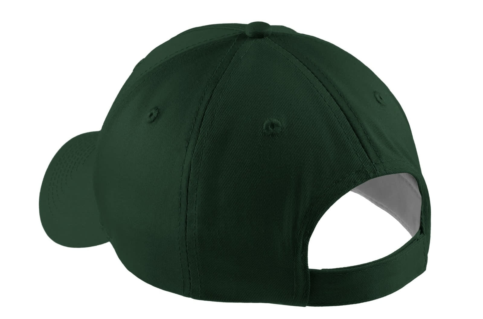 A dark green five-panel twill cap featuring a curved brim and an open back. It includes a logo on the side.