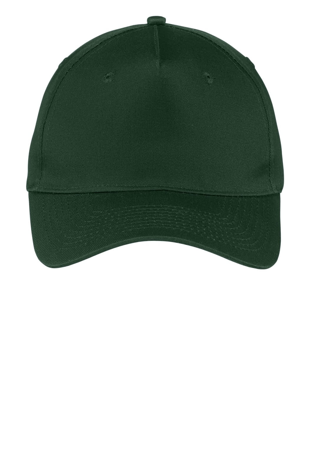 A green five-panel twill cap featuring a logo on the front and a curved peak at the brim.