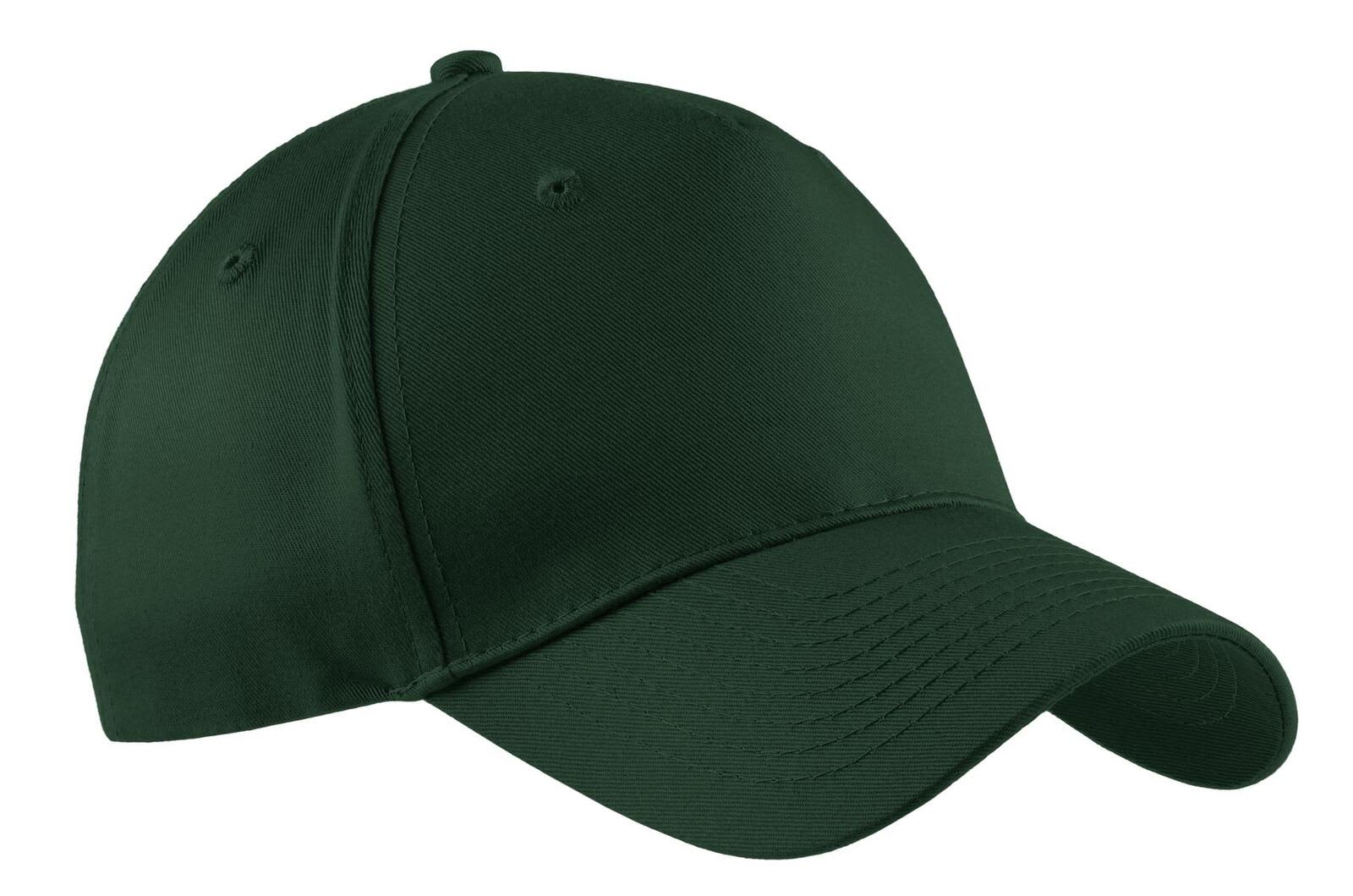 A dark green five-panel twill cap with a curved brim and a logo.
