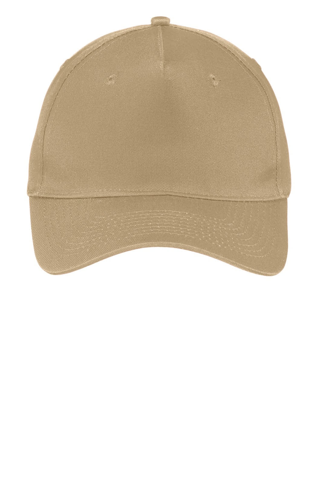 A five-panel twill cap in a light tan colour with a curved brim and a logo.