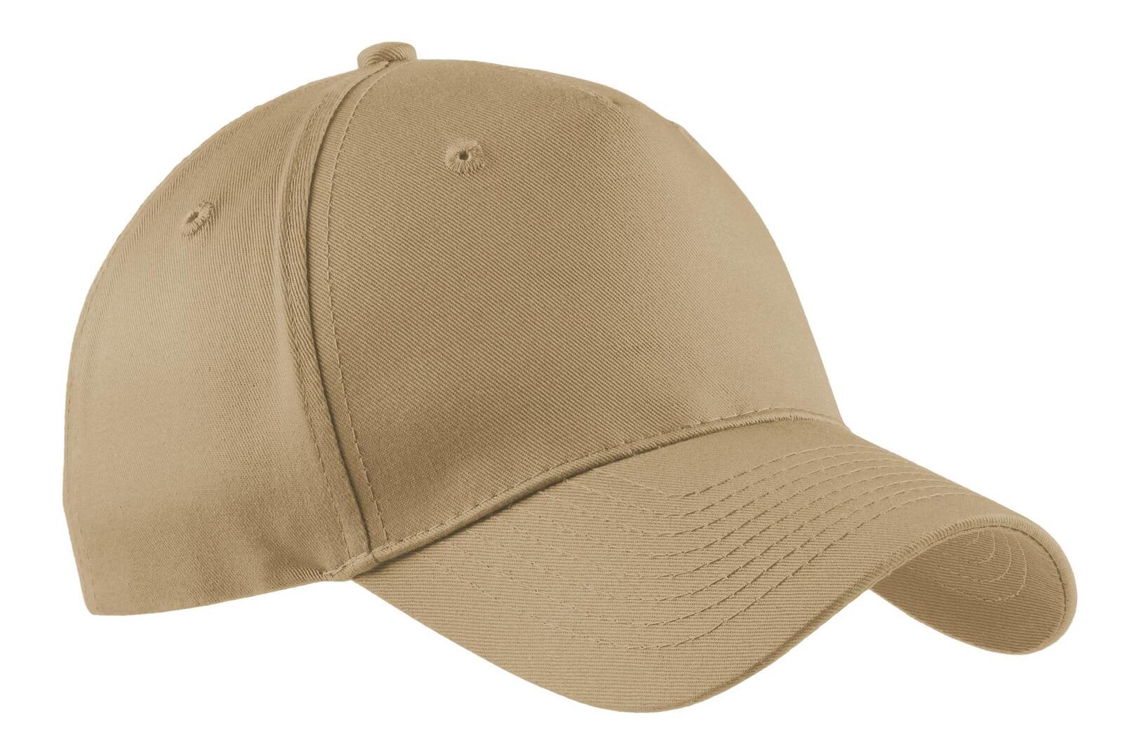 A beige five-panel twill cap featuring a curved brim and stitched detailing, with a logo on the side.