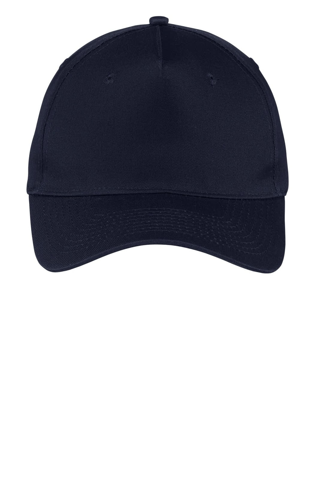 A five-panel twill cap in navy blue with a curved brim and a logo on the front.