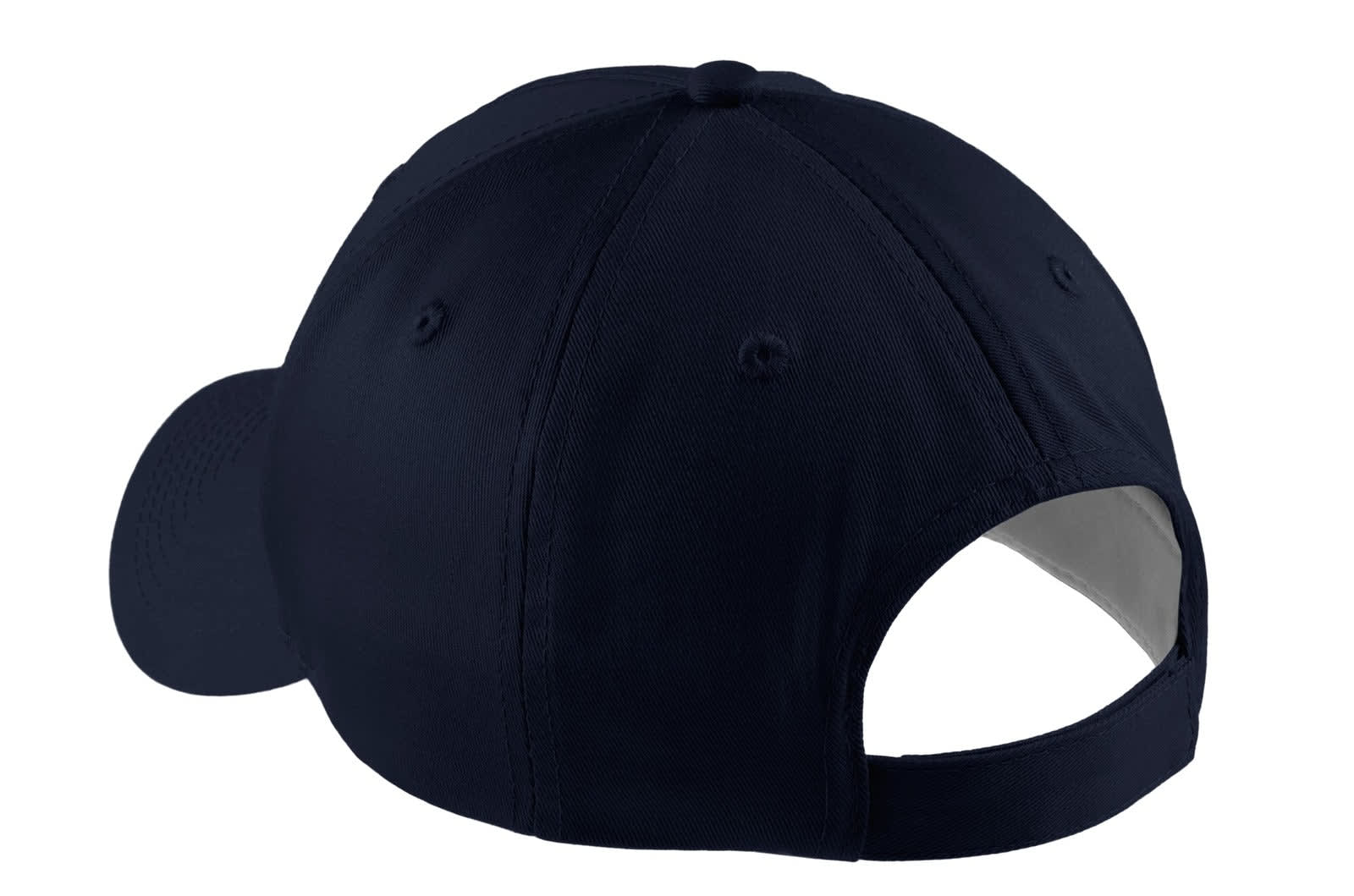 A navy blue five-panel twill cap featuring a back opening and a logo on the side.
