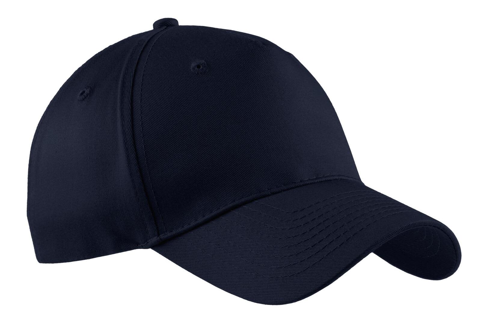 A navy blue five-panel twill cap featuring a curved brim and a structured design. It has a logo on the front.