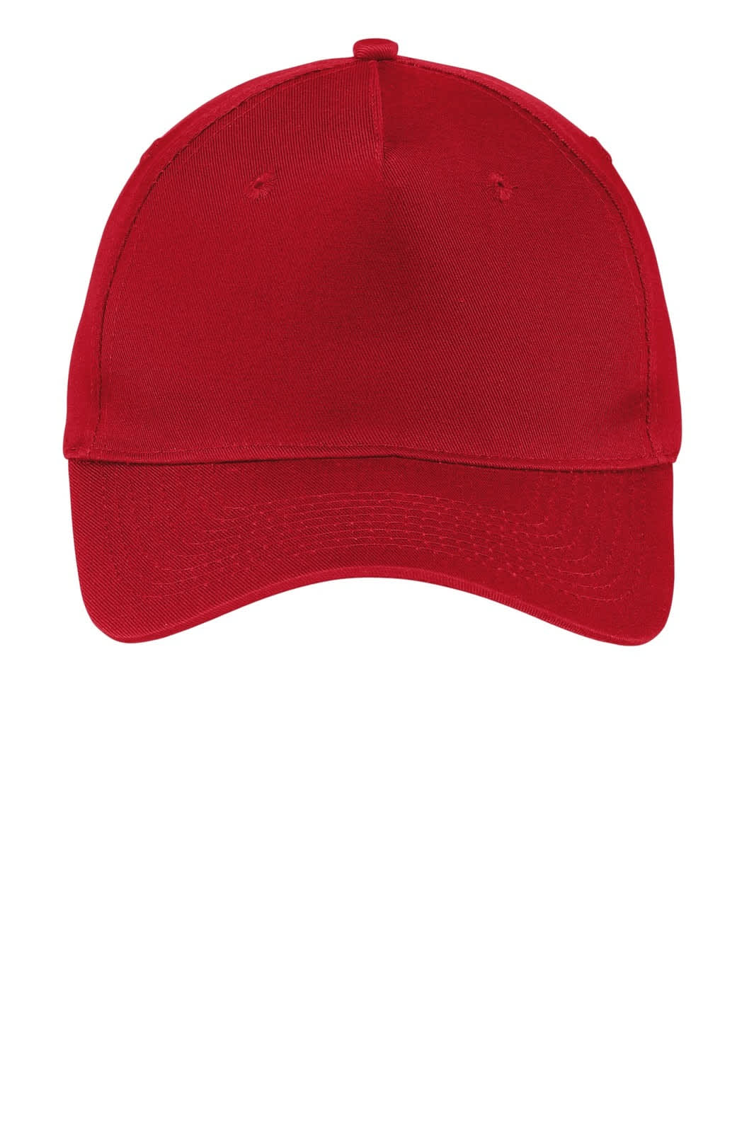A red five-panel twill cap with a solid design and a logo on the front.
