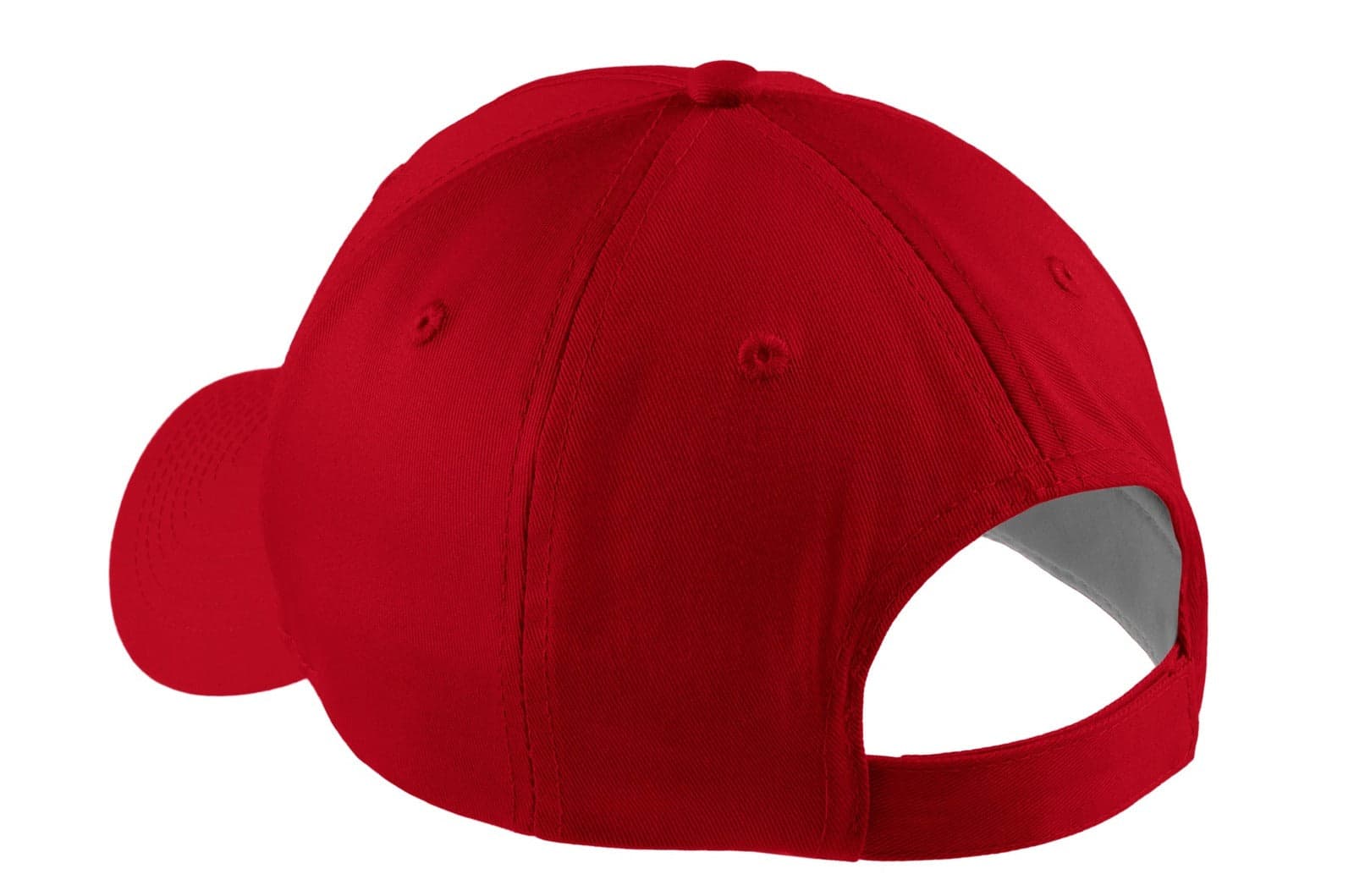 A red five-panel twill cap with a curved brim and an open back, featuring a logo.