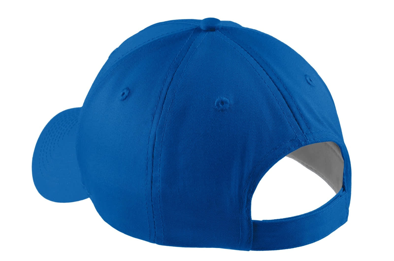 A blue five-panel twill cap with a curved visor and an adjustable back strap, featuring a logo.
