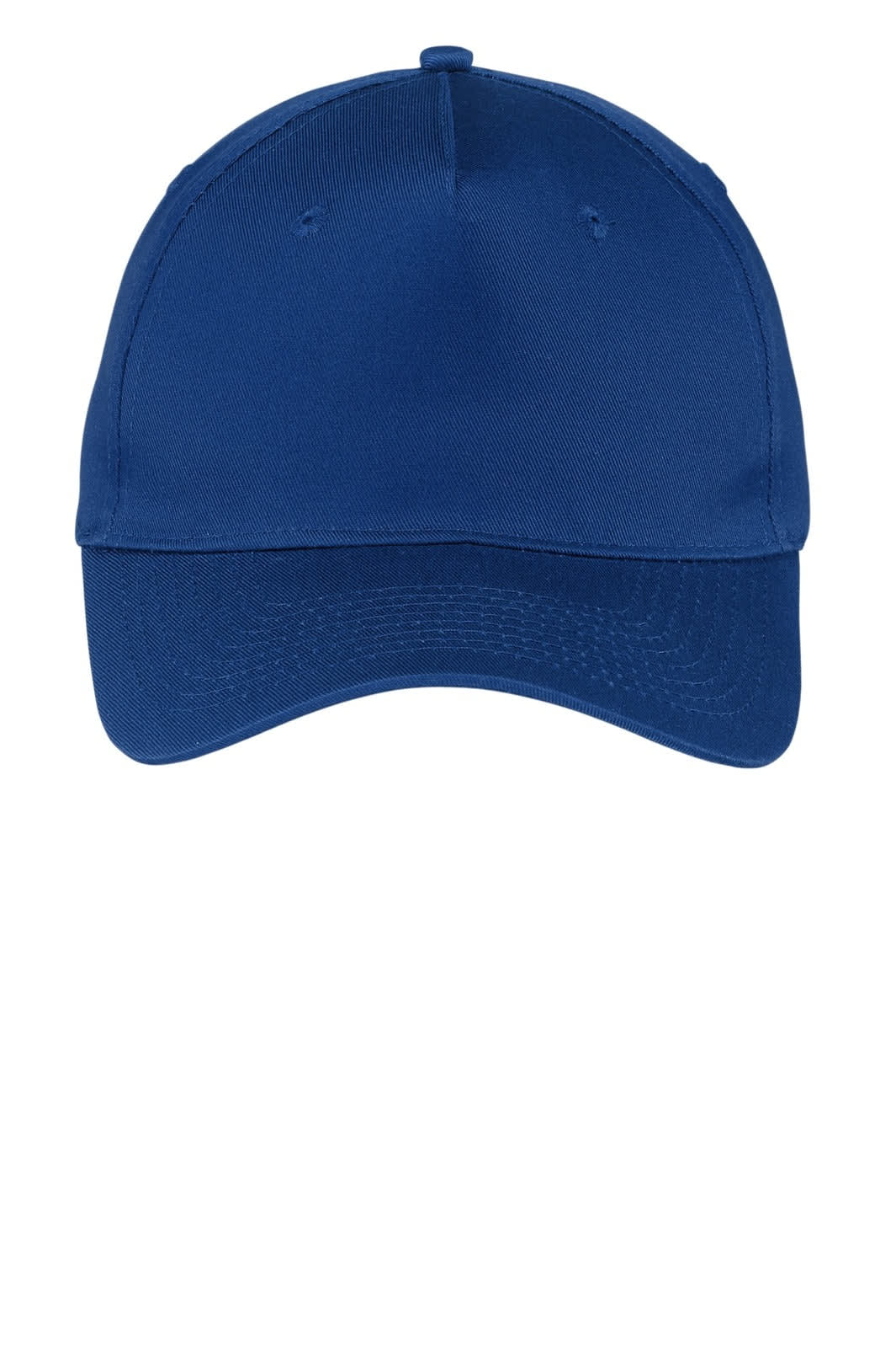 A blue five-panel twill cap with stitching details and a logo on the front.