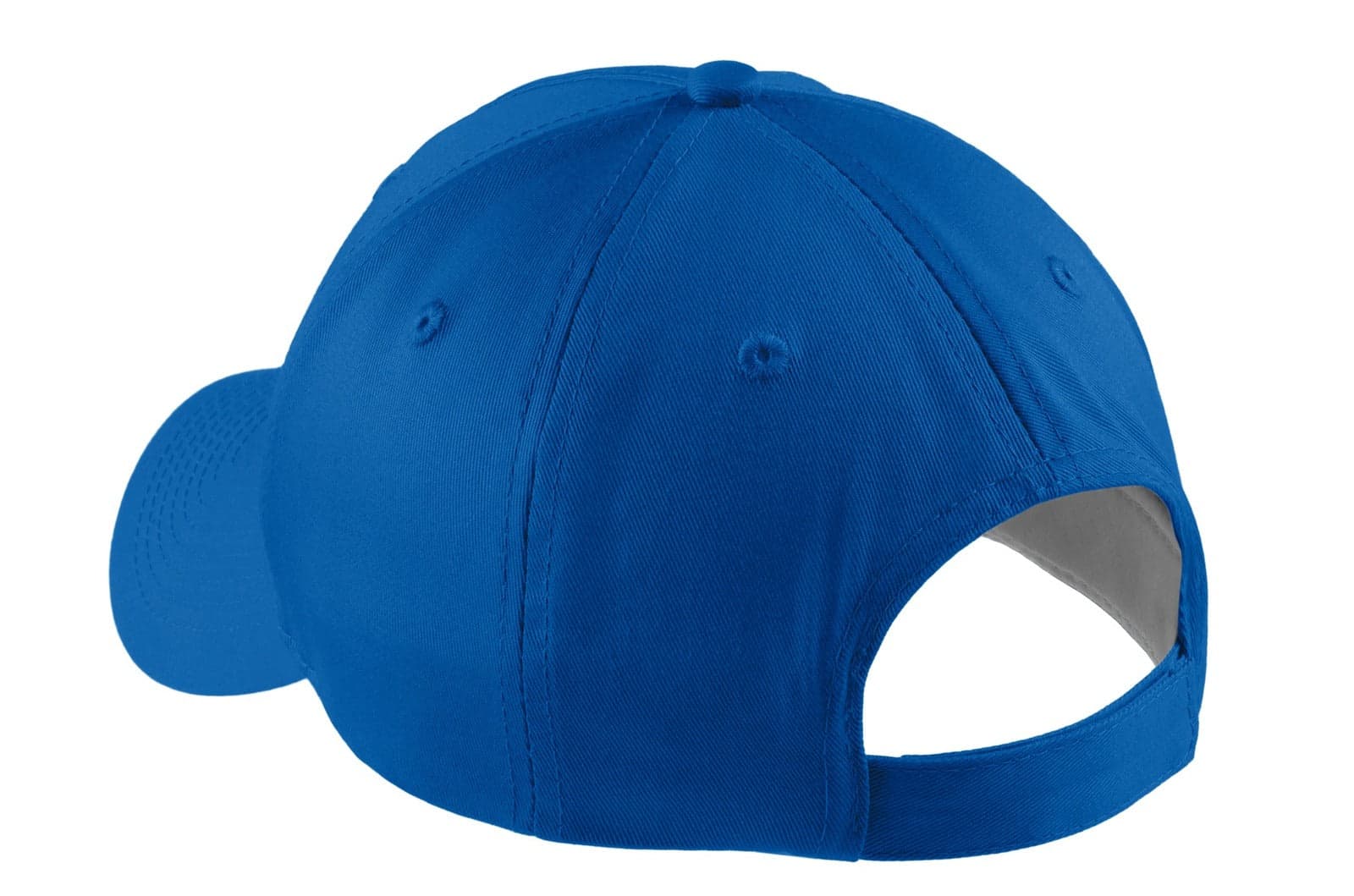 A blue five-panel twill cap featuring a curved peak and an adjustable strap at the back. It has a logo present.