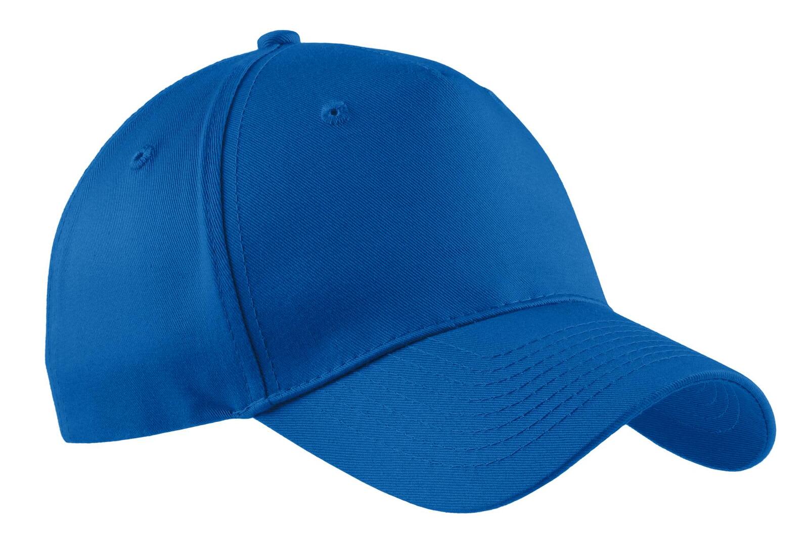 A blue five-panel twill cap featuring a curved brim and ventilation holes, with a logo on the front.