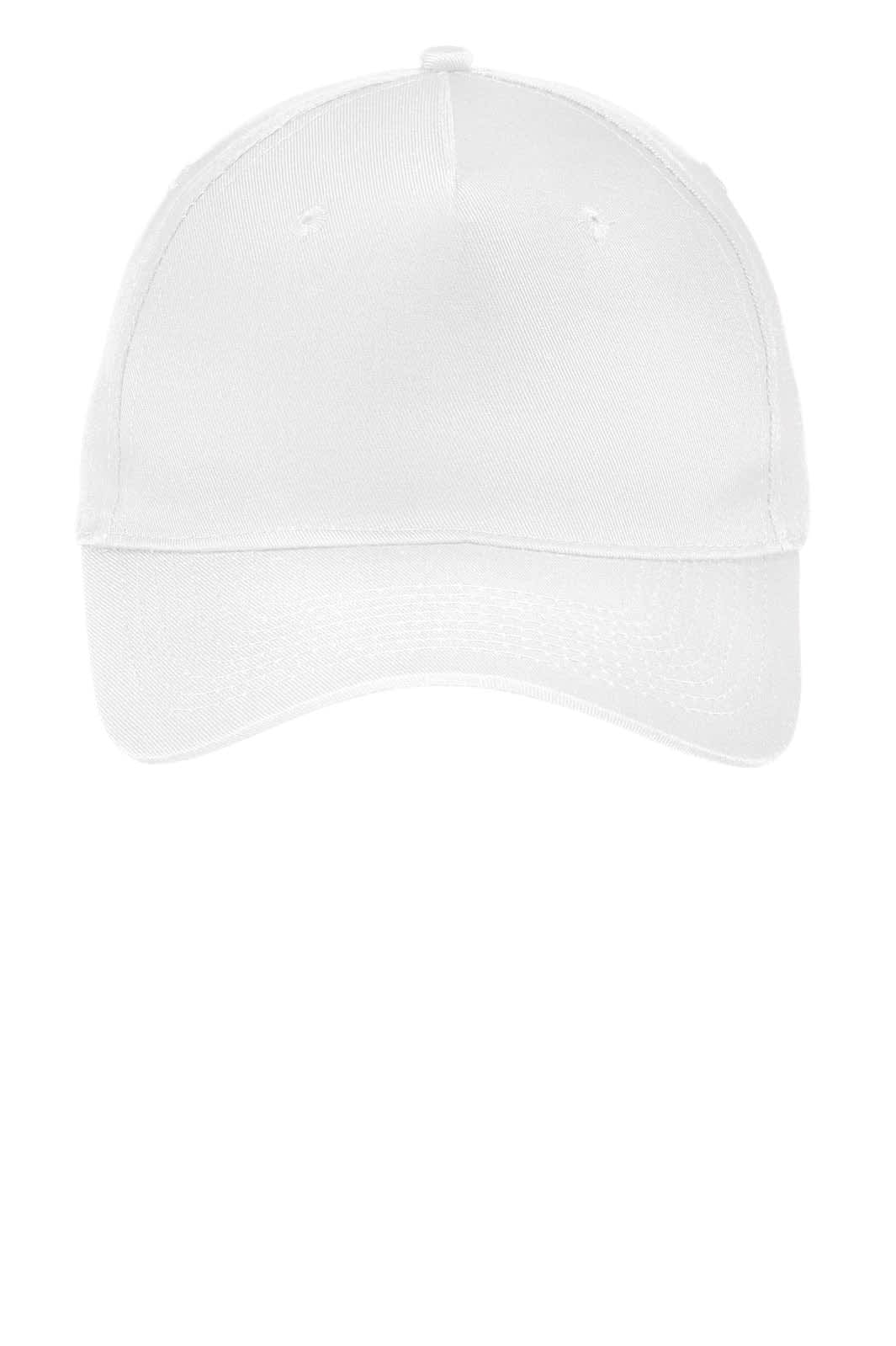 A white five-panel twill cap with a curved brim and a logo on the front.