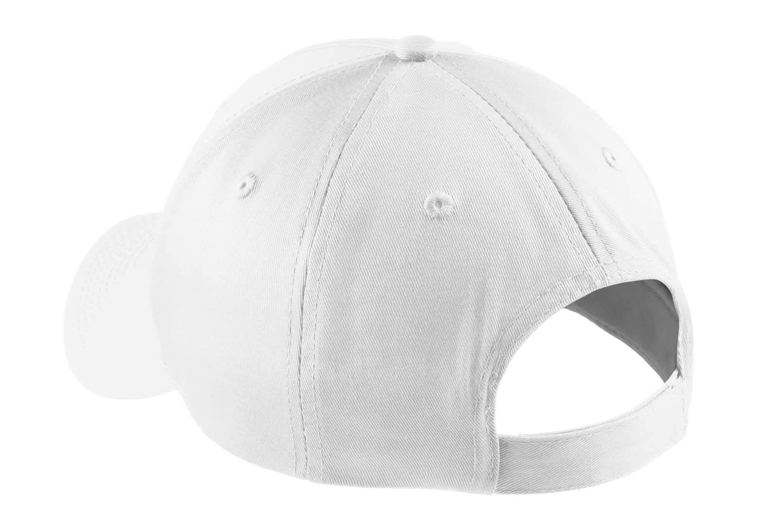 A white five-panel twill cap featuring an adjustable back and a logo on the side.