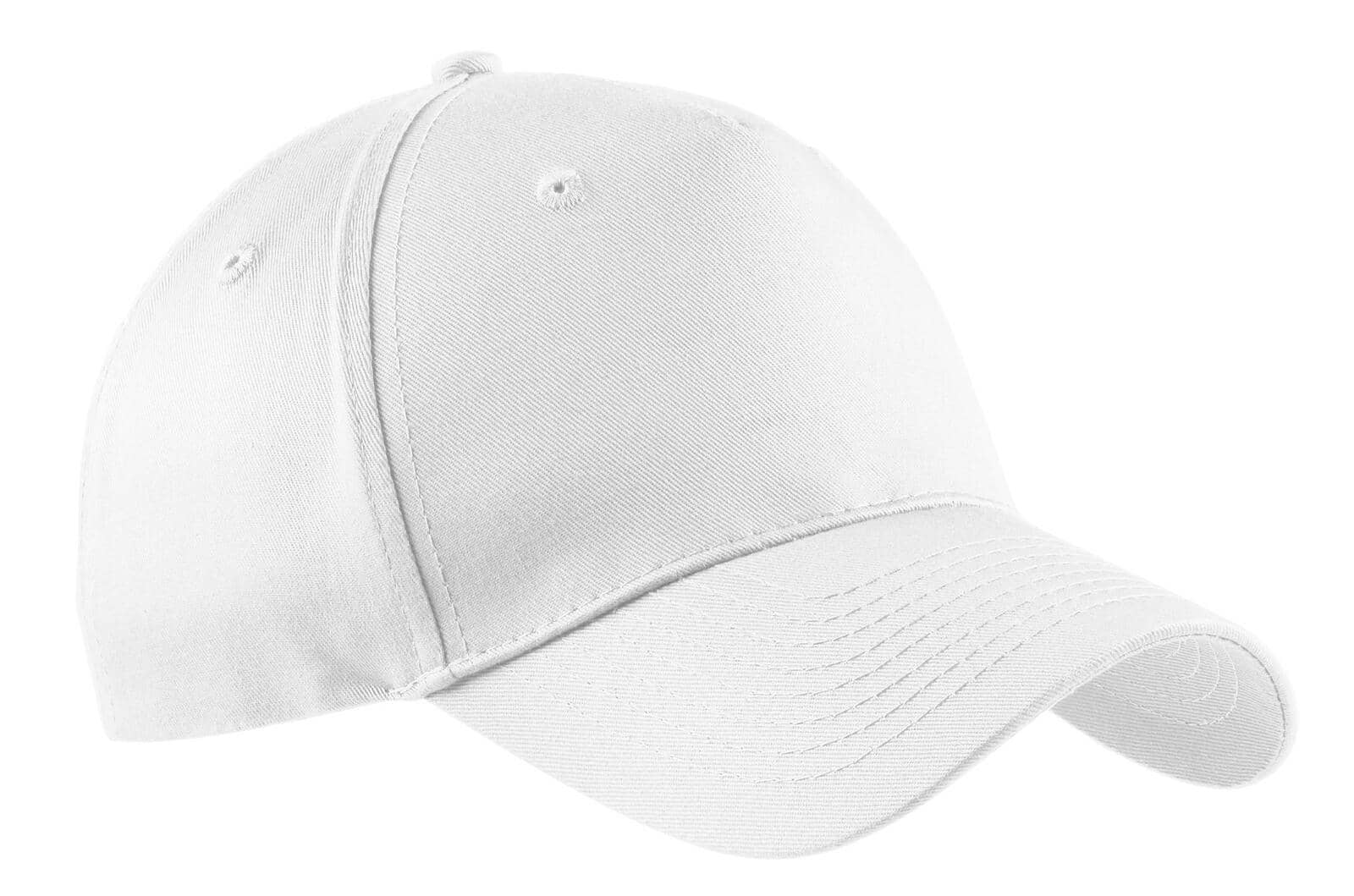 A white five-panel twill cap with a curved brim and an embroidered logo on the front.