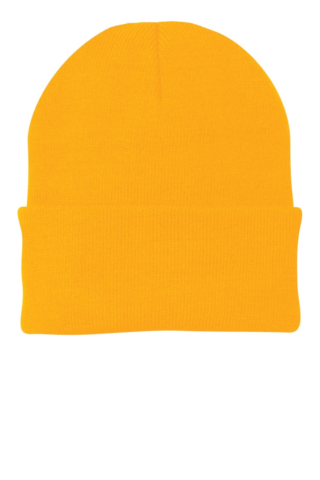 A bright yellow knit cap with a folded cuff, featuring a logo on the side.