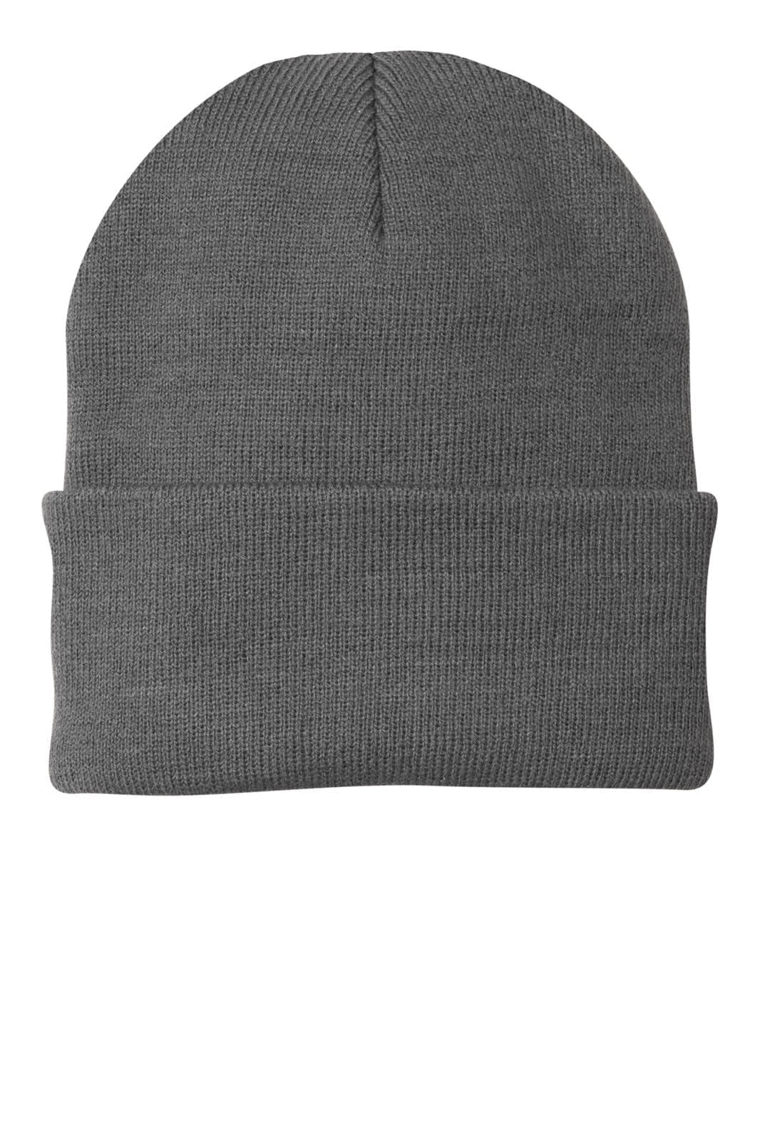 A grey knit cap featuring a folded cuff and a seamless design, with a logo on it.