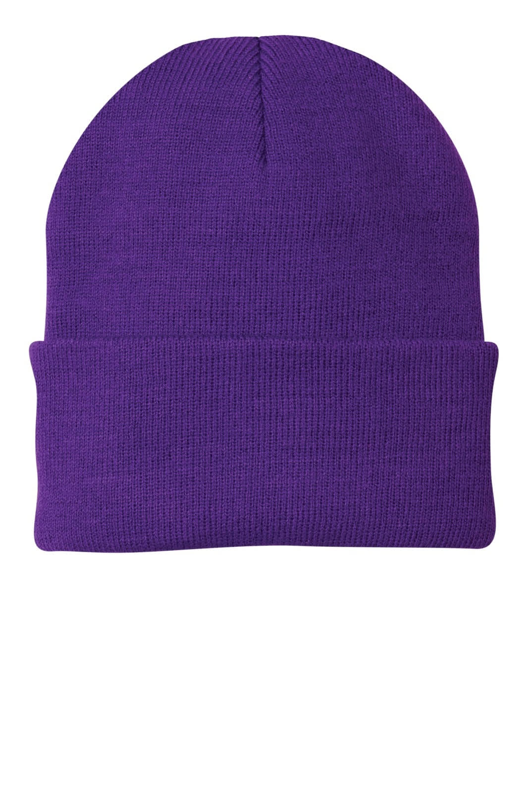 A purple knit cap with a folded cuff and a simple design, featuring a logo.