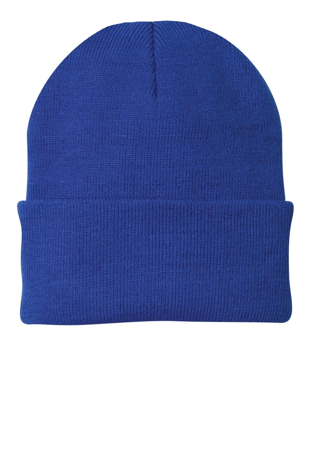 A blue knit cap with a ribbed design and fold-over cuff, featuring a logo.