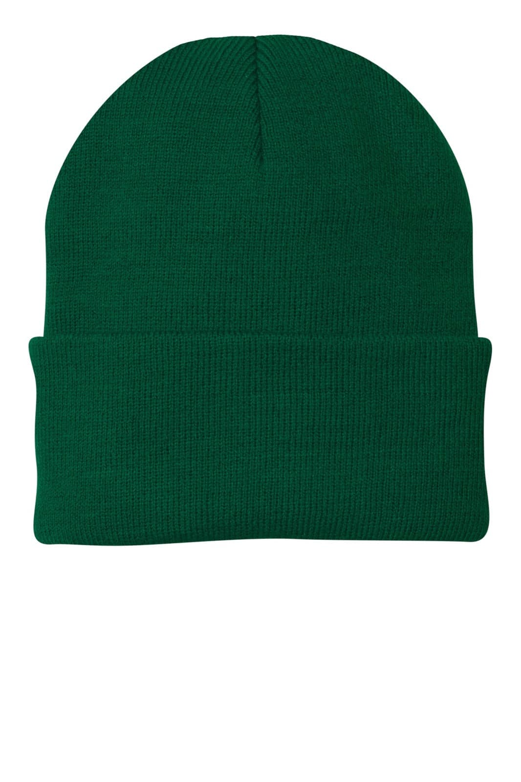 A green knit beanie featuring a fold-over cuff and a plain design, with a logo on the side.