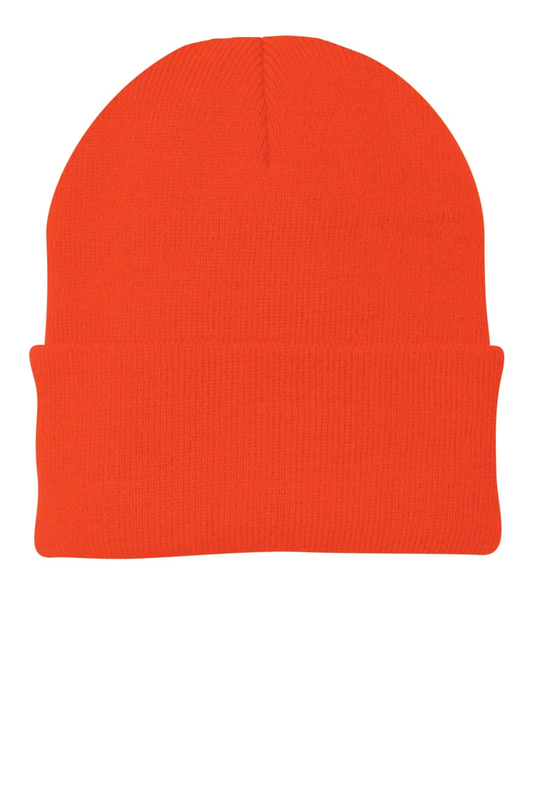 An orange knit cap with a folded cuff, featuring a logo on the front. Suitable for headwear.