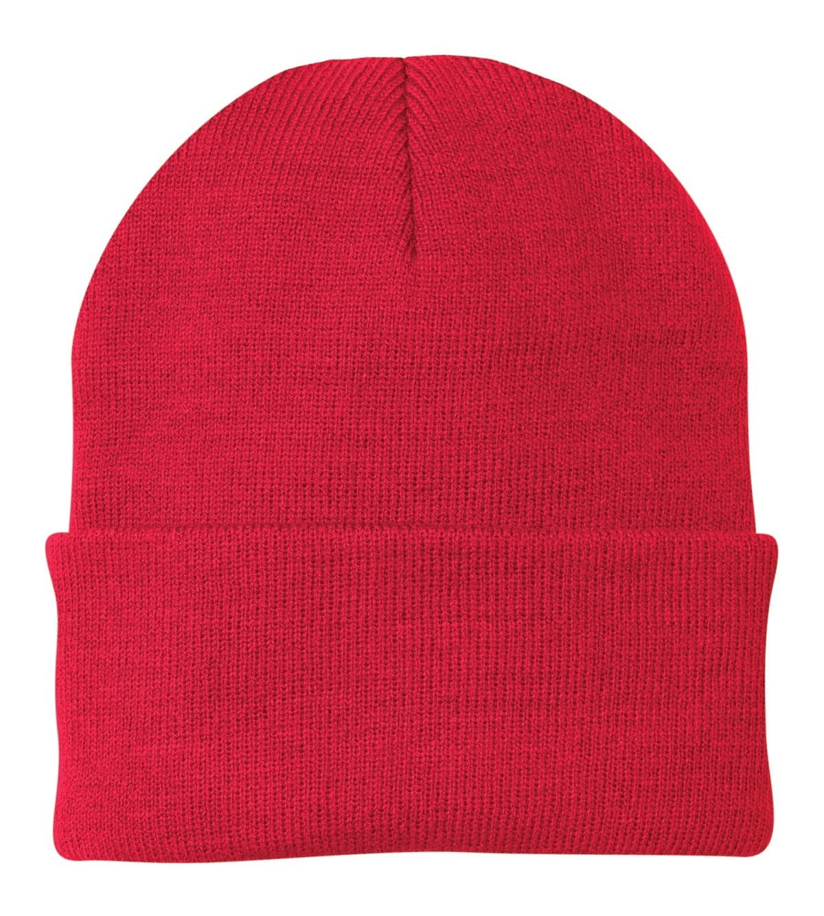 A red knit cap featuring a fold-up cuff and a plain design, with room for branding.